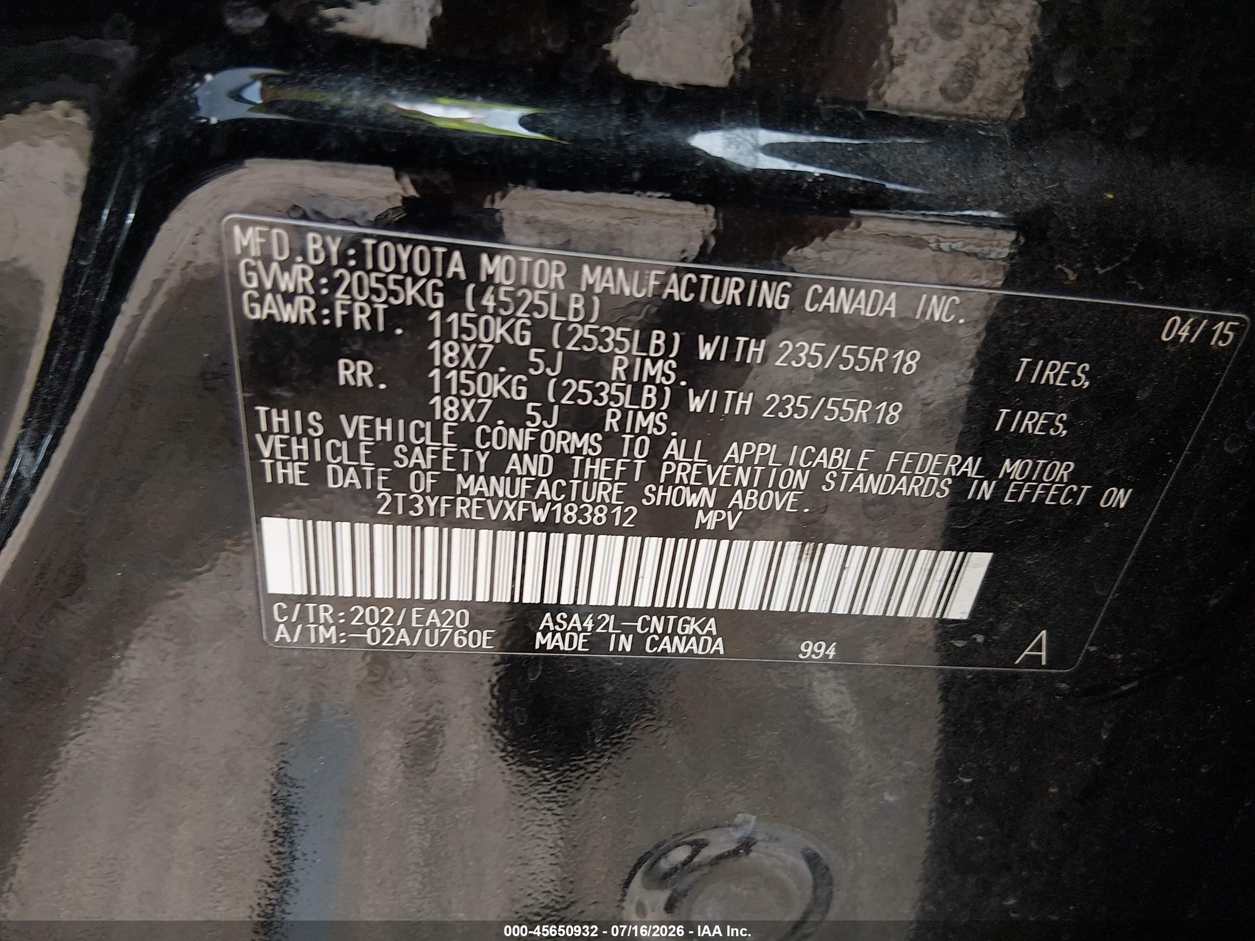 2015 Toyota Rav4 Limited Black vin: 2T3YFREVXFW183812
