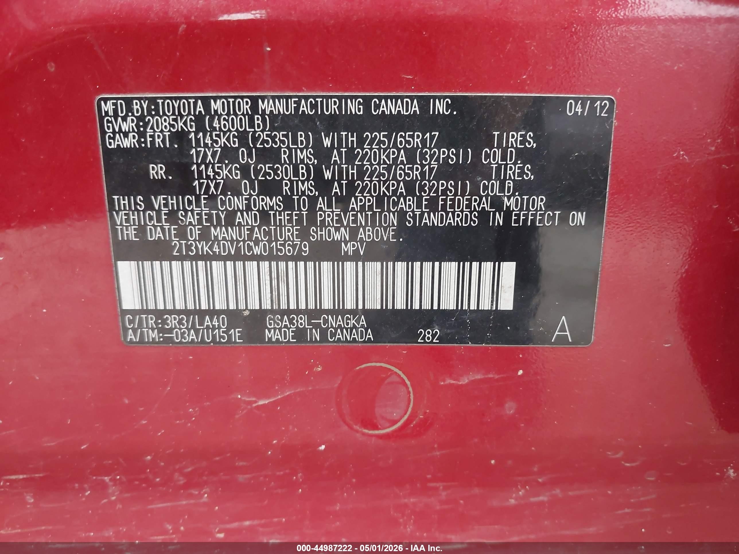 2012 Toyota Rav4 Limited V6 Red vin: 2T3YK4DV1CW015679