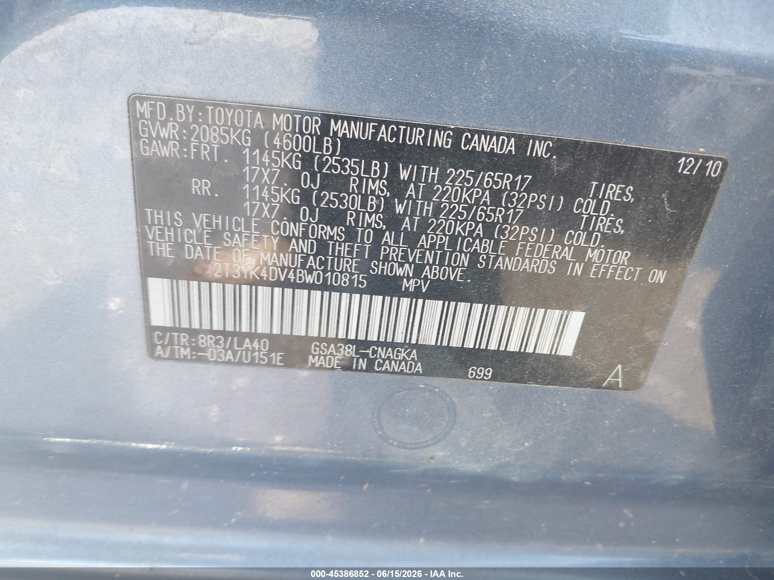 2011 Toyota Rav4 Limited V6 Light Blue vin: 2T3YK4DV4BW010815
