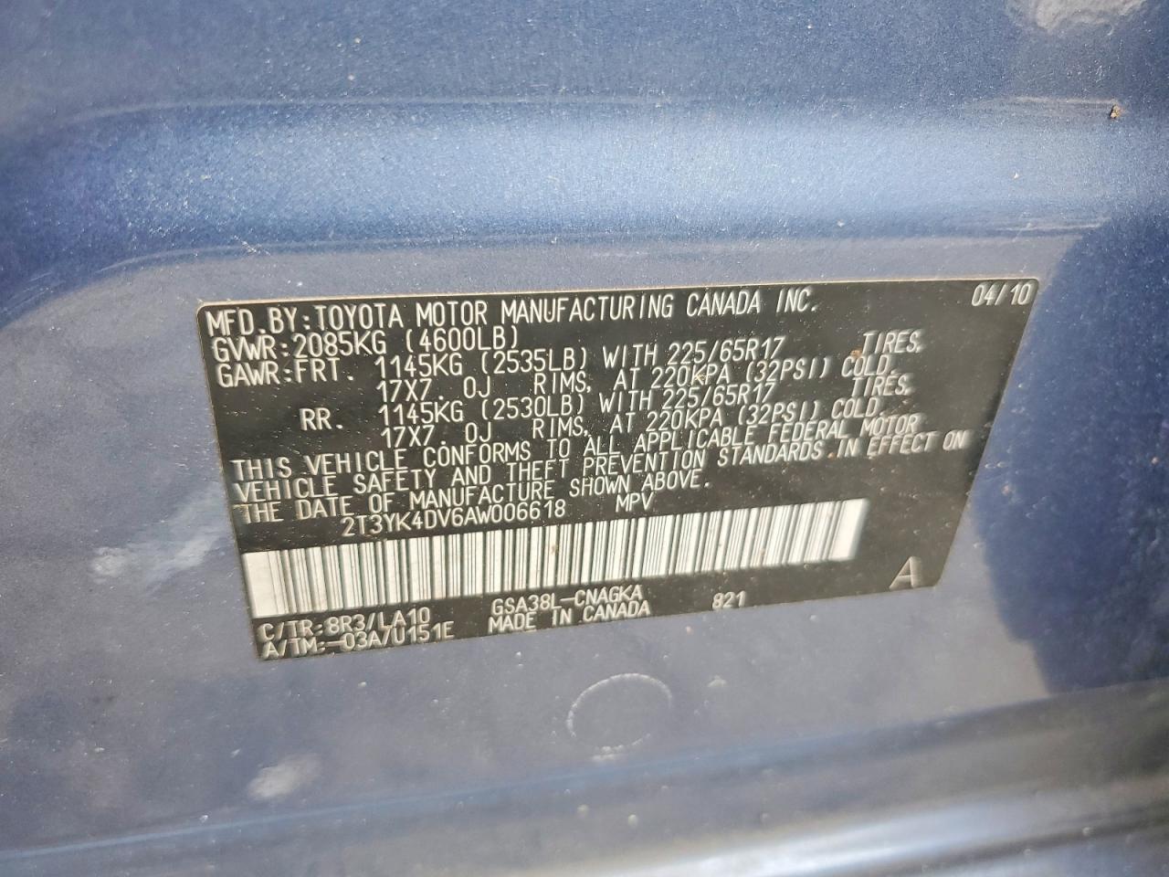 2010 Toyota Rav4 Limited Blue vin: 2T3YK4DV6AW006618