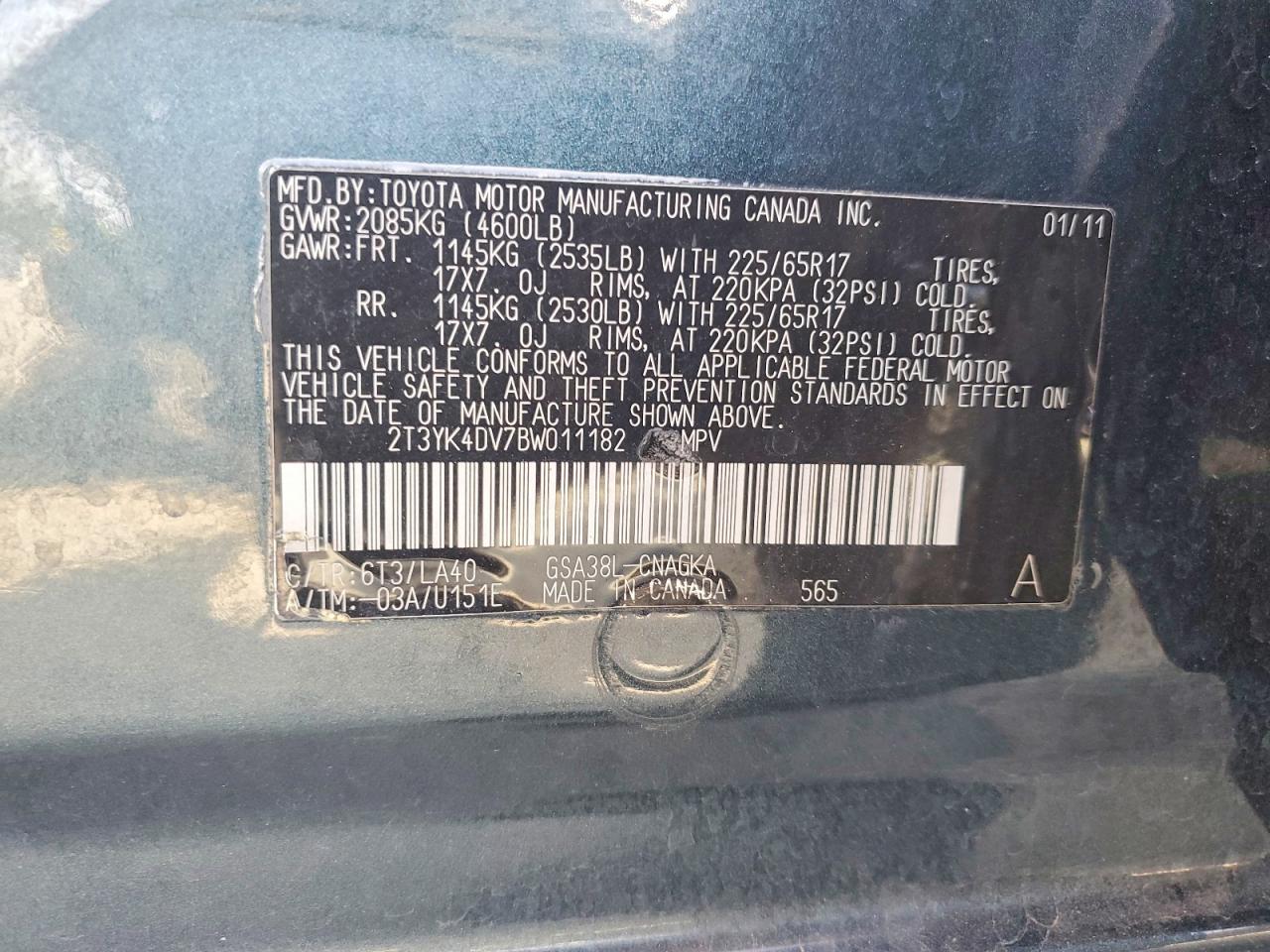 2011 Toyota Rav4 Limited Teal vin: 2T3YK4DV7BW011182