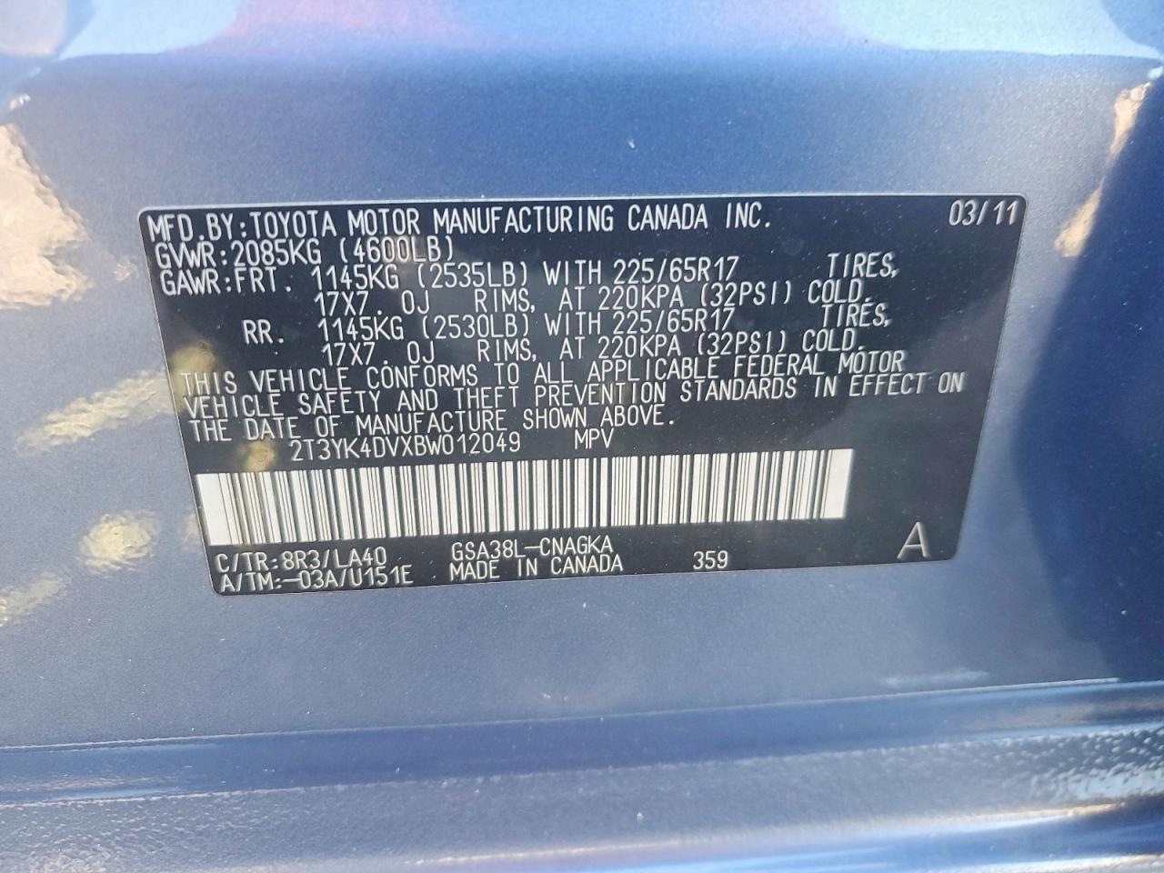 2011 Toyota Rav4 Limited Blue vin: 2T3YK4DVXBW012049
