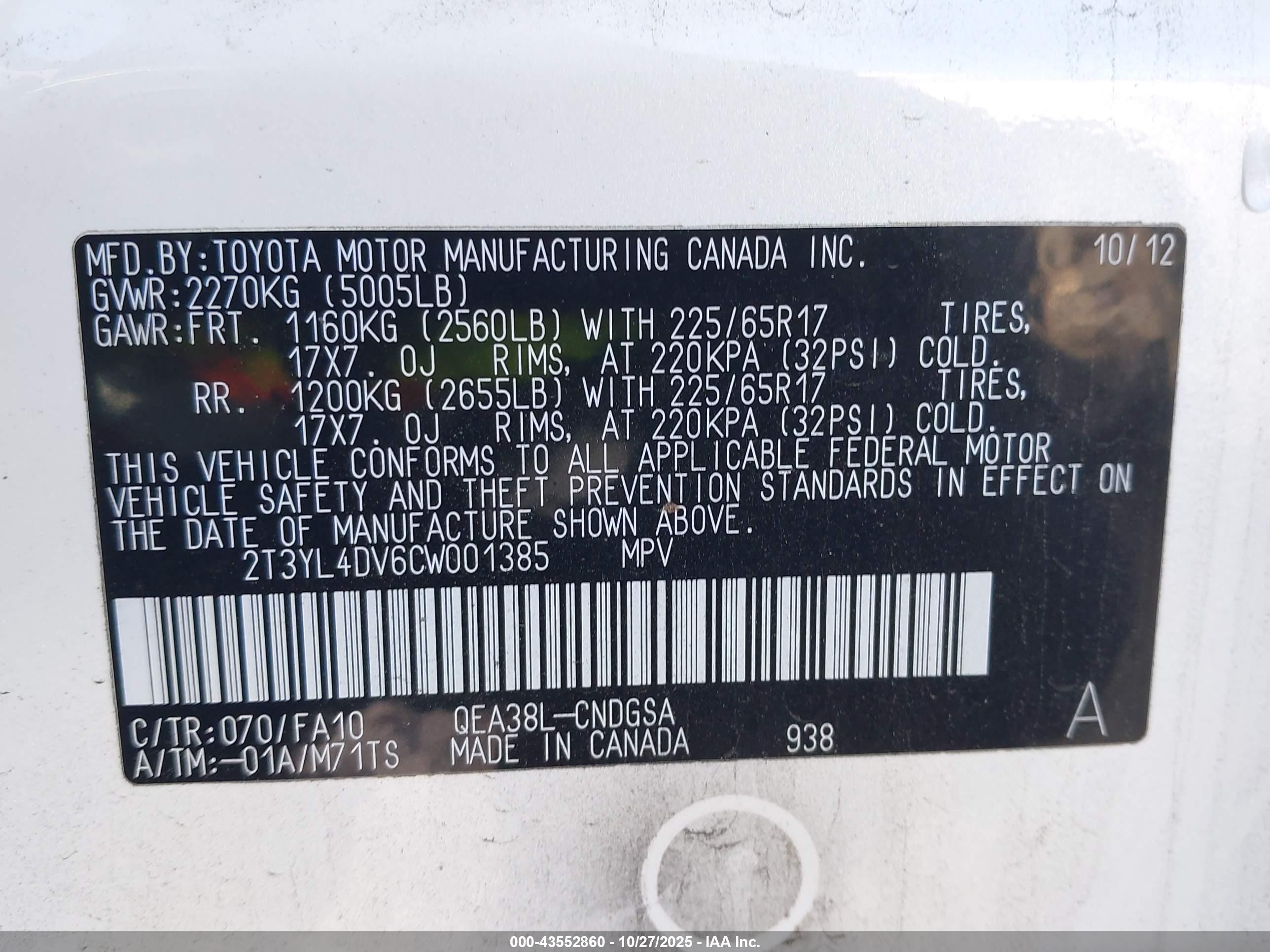 2012 Toyota Rav4 Ev   White vin: 2T3YL4DV6CW001385