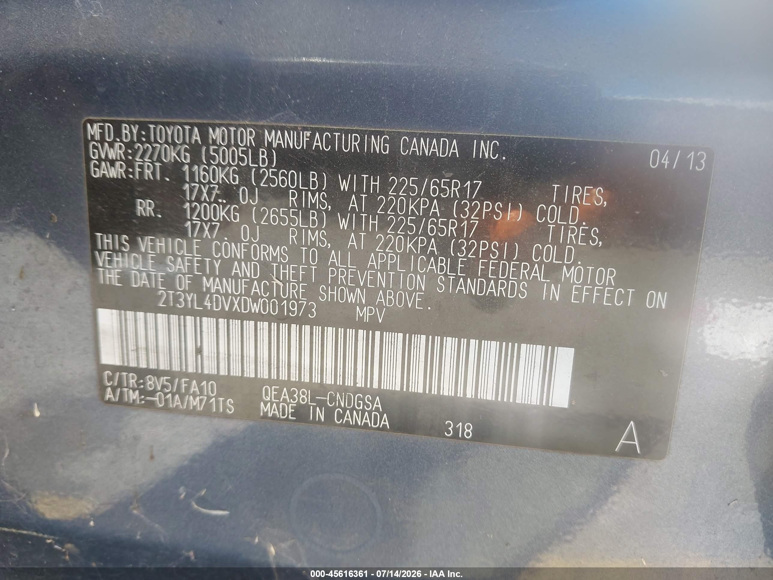 2013 Toyota Rav4 Ev   Green vin: 2T3YL4DVXDW001973