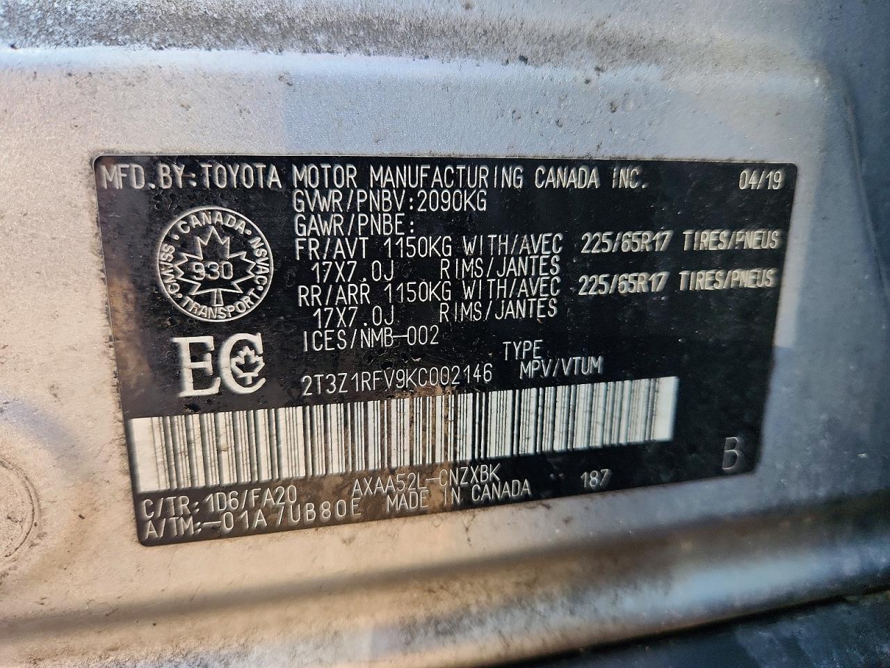 2019 Toyota Rav4 Le Silver vin: 2T3Z1RFV9KC002146