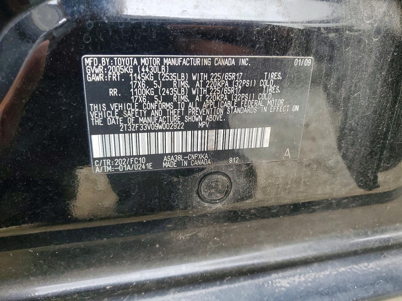 2009 Toyota Rav4 4d 2wd Black vin: 2T3ZF33V09W002922