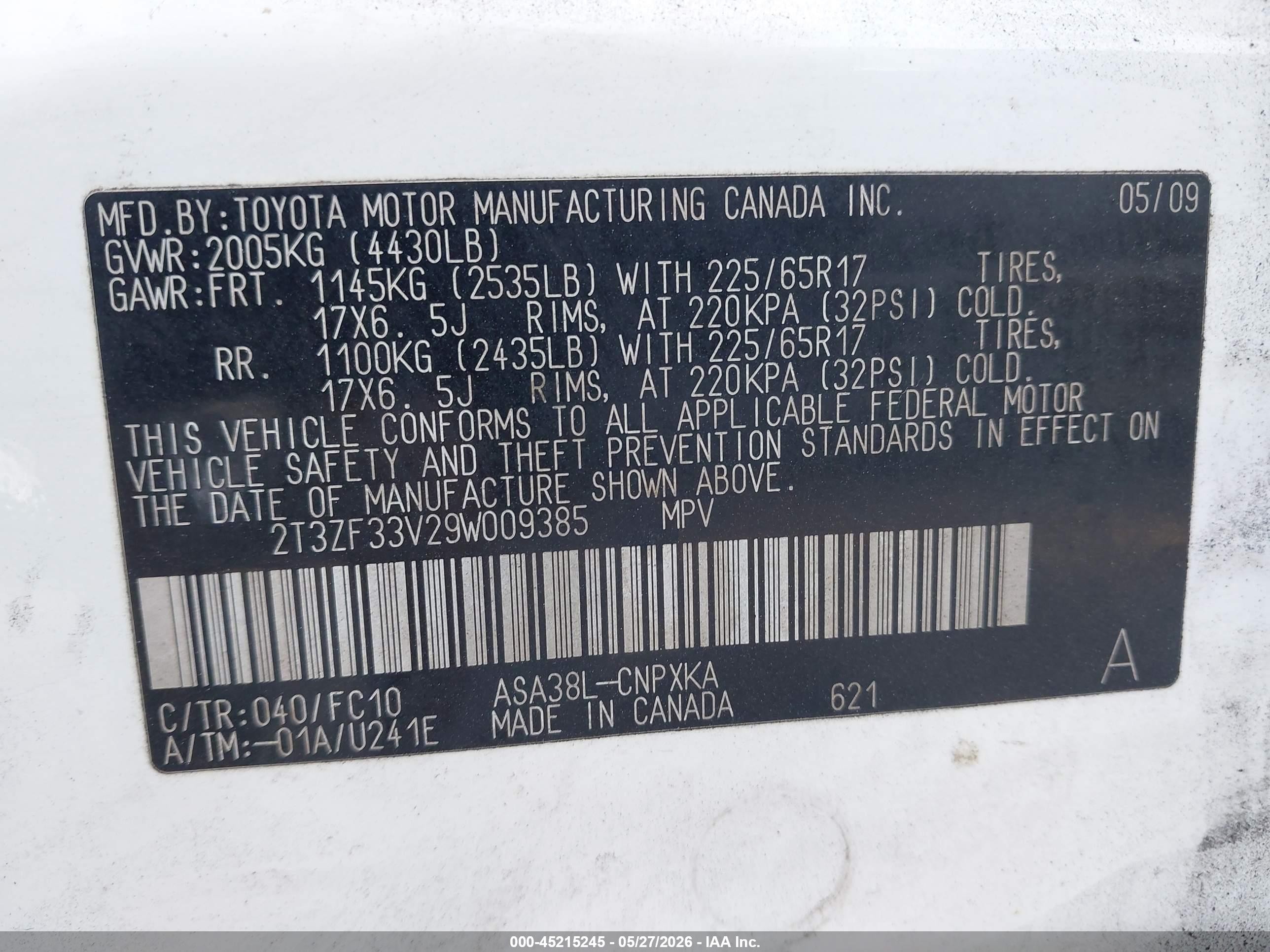 2009 Toyota Rav4   White vin: 2T3ZF33V29W009385