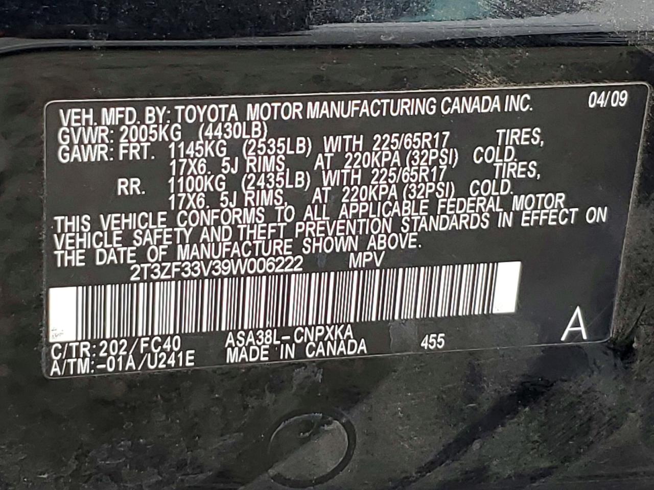 2009 Toyota Rav4 Base Black vin: 2T3ZF33V39W006222