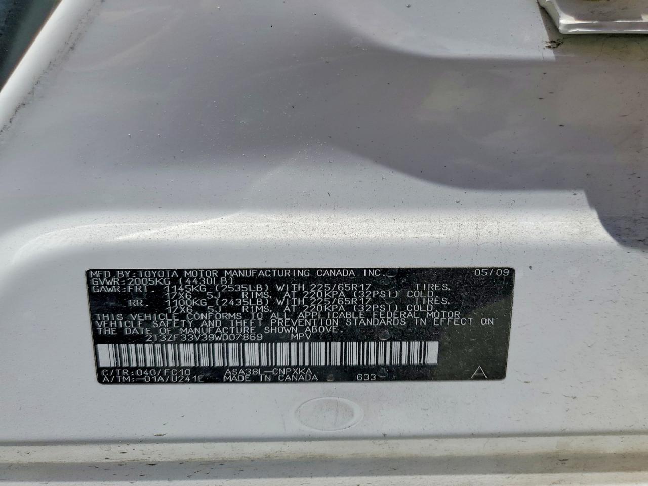 2009 Toyota Rav4 Base Белый vin: 2T3ZF33V39W007869