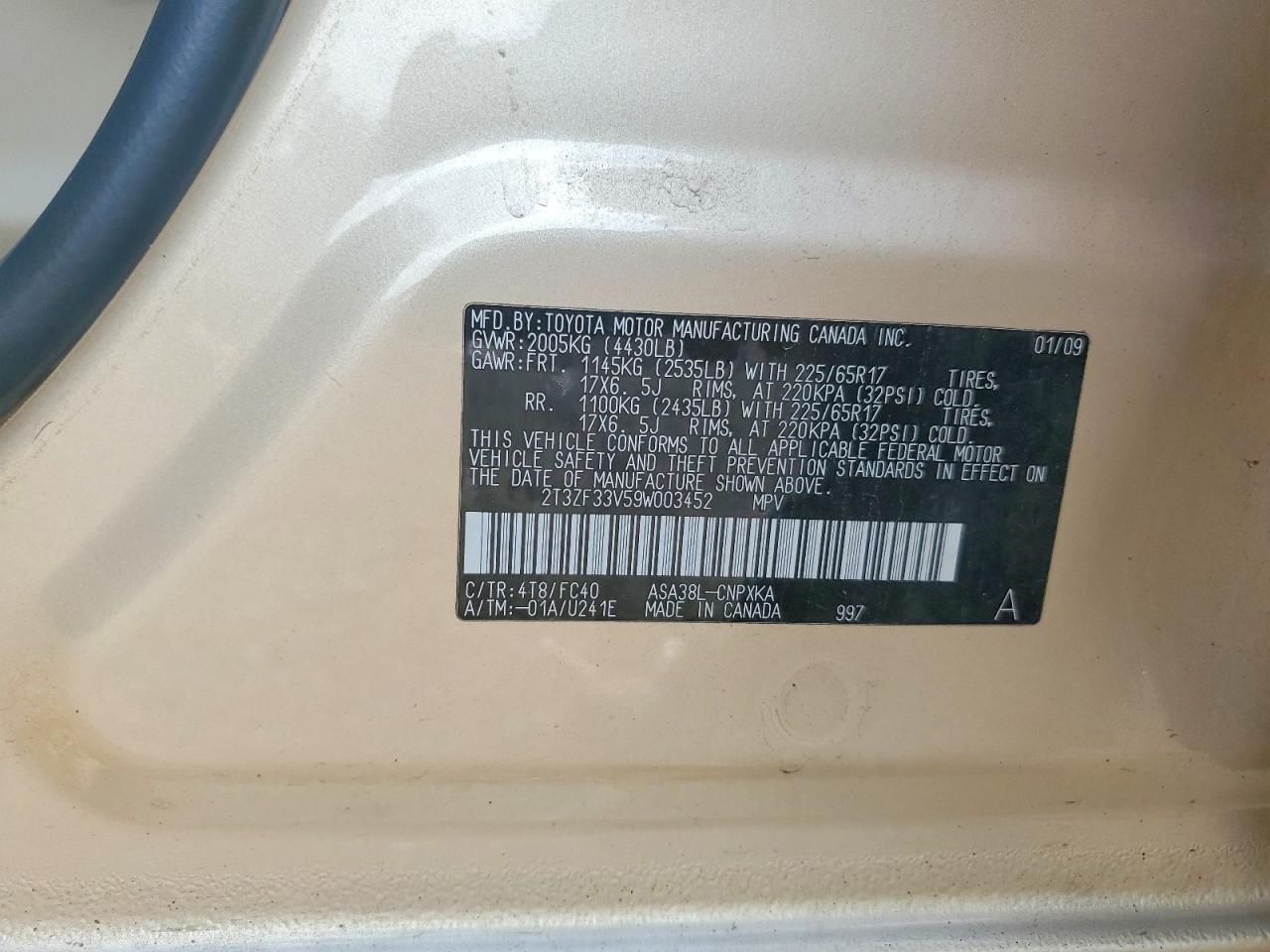 2009 Toyota Rav4 Base Gold vin: 2T3ZF33V59W003452