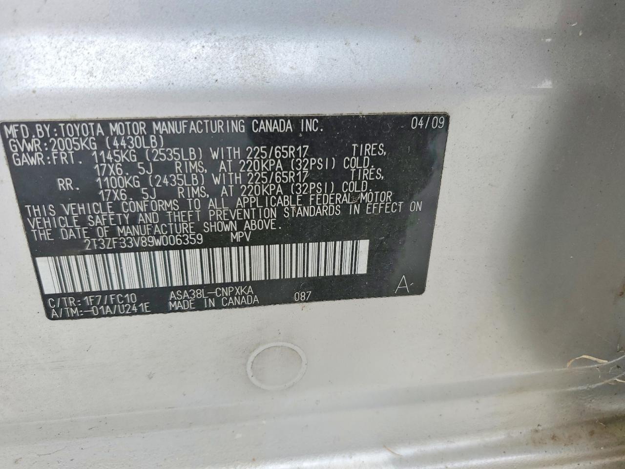 2009 Toyota Rav4 Base Silver vin: 2T3ZF33V89W006359