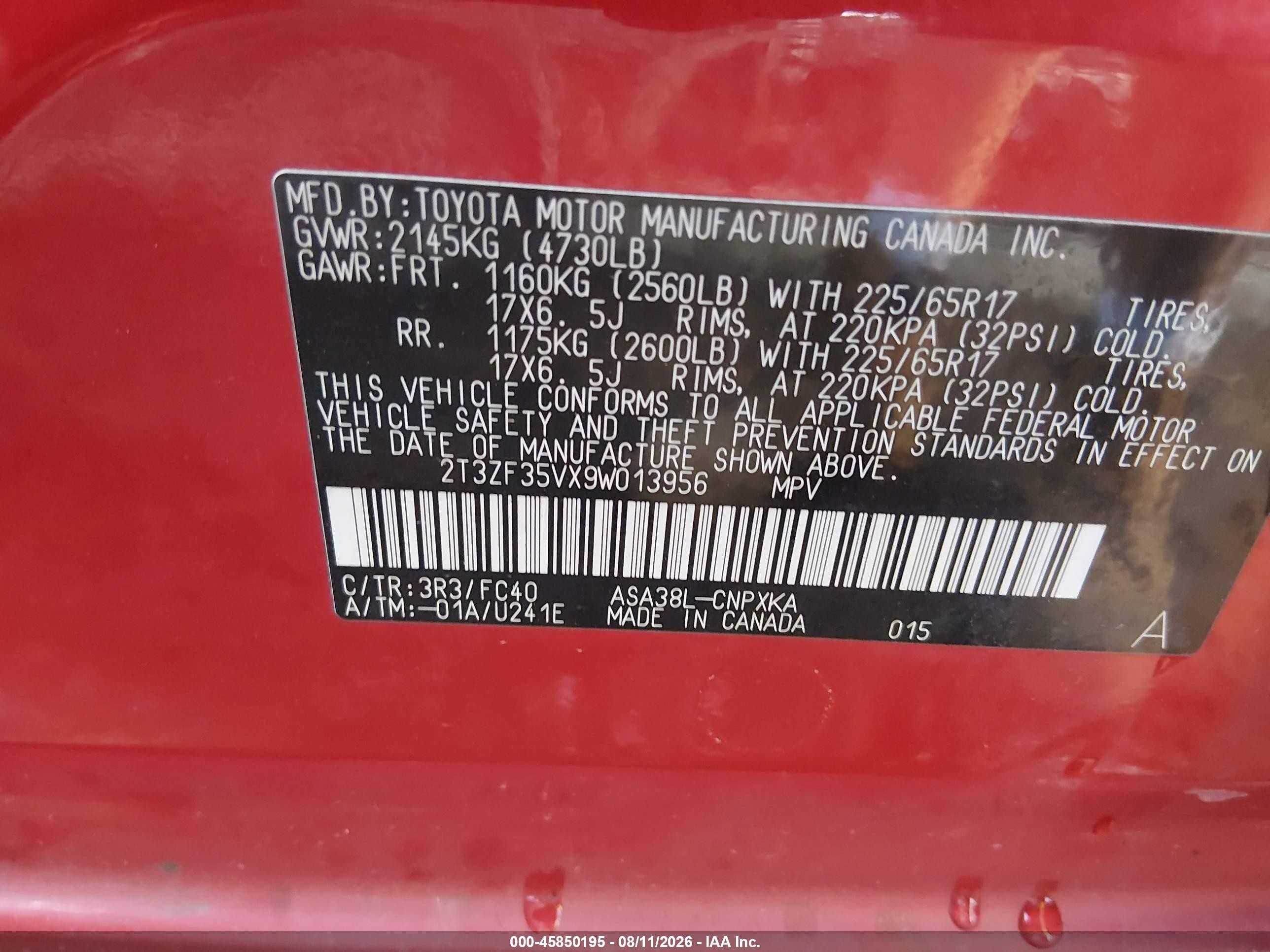 2009 Toyota Rav4   Red vin: 2T3ZF35VX9W013956