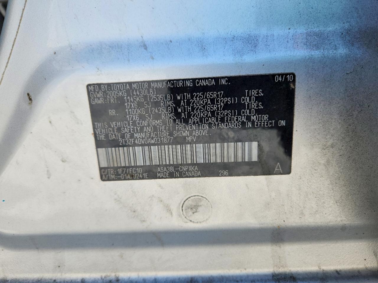 2010 Toyota Rav4 Base Silver vin: 2T3ZF4DV0AW031877