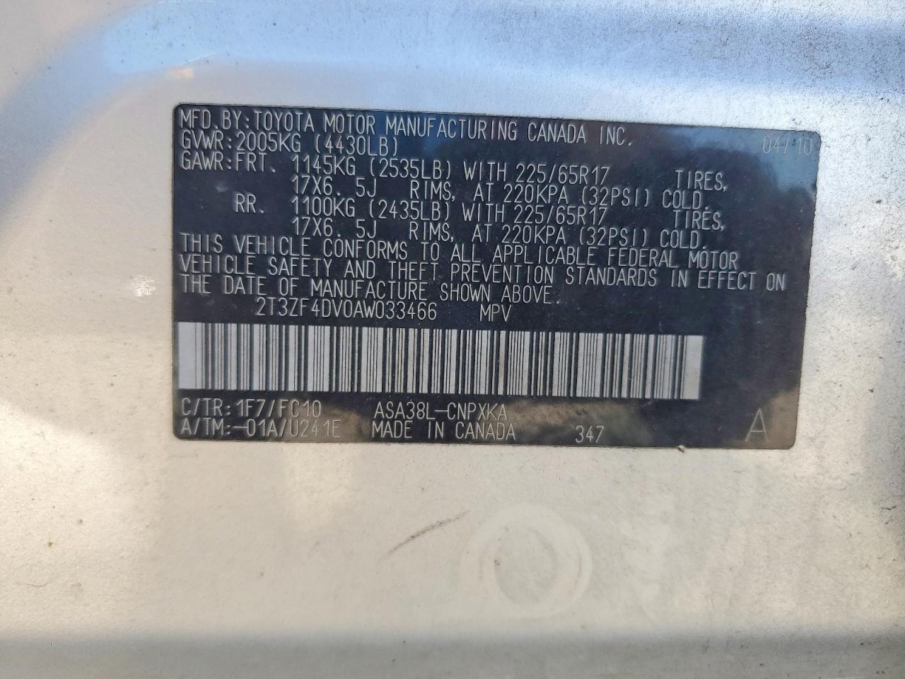 2010 Toyota Rav4 Base Серебряный vin: 2T3ZF4DV0AW033466
