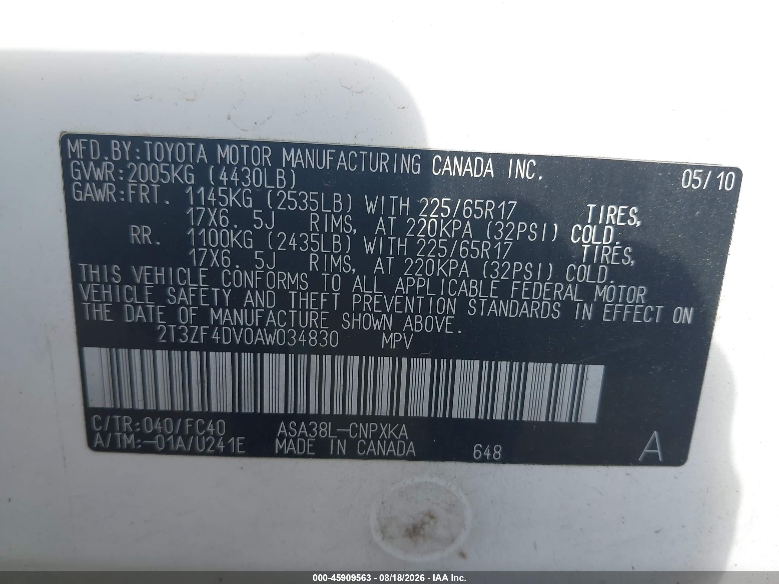 2010 Toyota Rav4   White vin: 2T3ZF4DV0AW034830