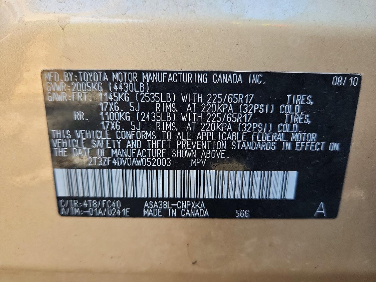 2010 Toyota Rav4 Base Gold vin: 2T3ZF4DV0AW052003