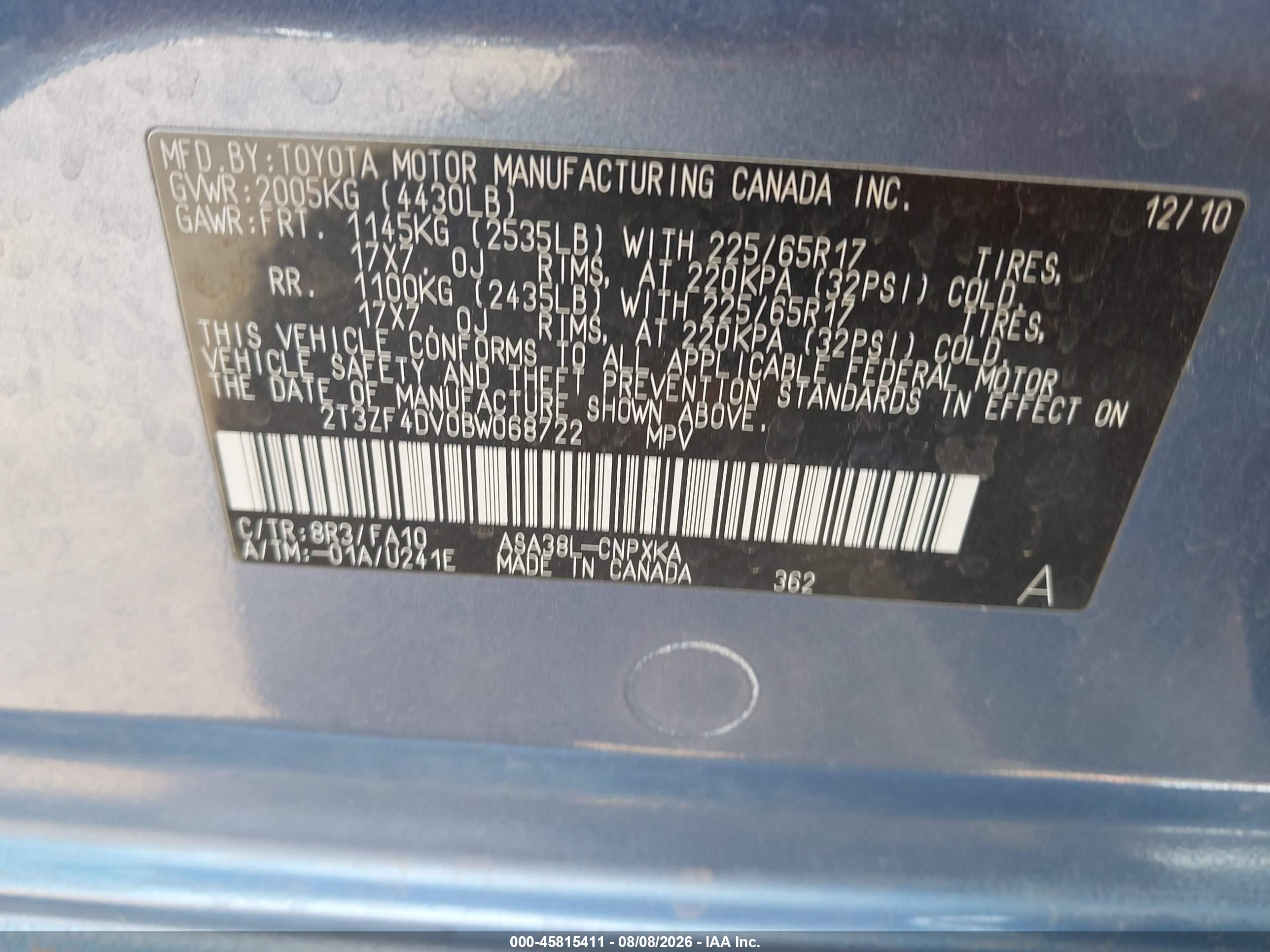 2011 Toyota Rav4   Blue vin: 2T3ZF4DV0BW068722