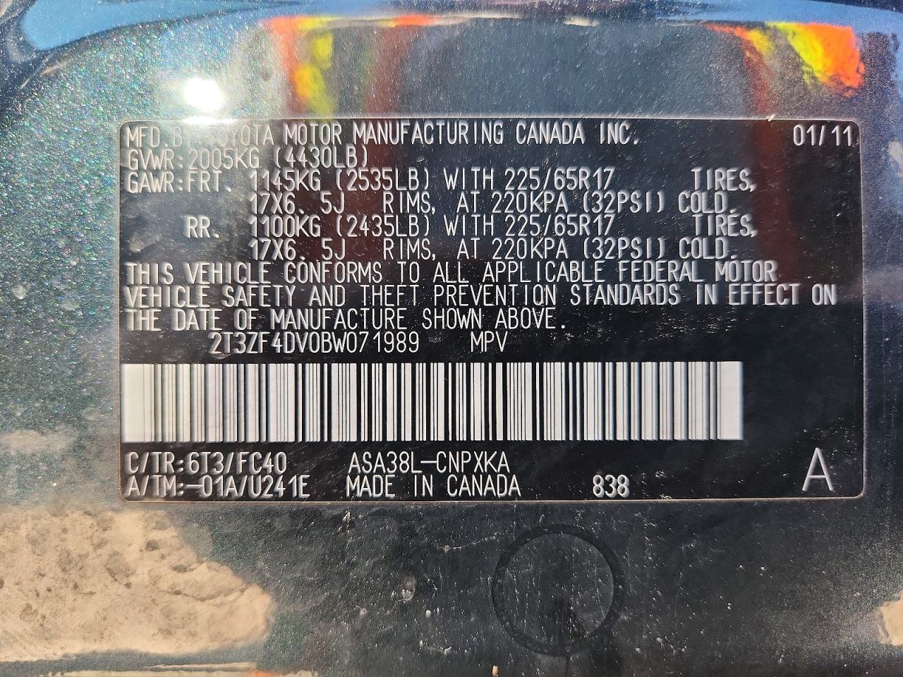 2011 Toyota Rav4 Base Green vin: 2T3ZF4DV0BW071989