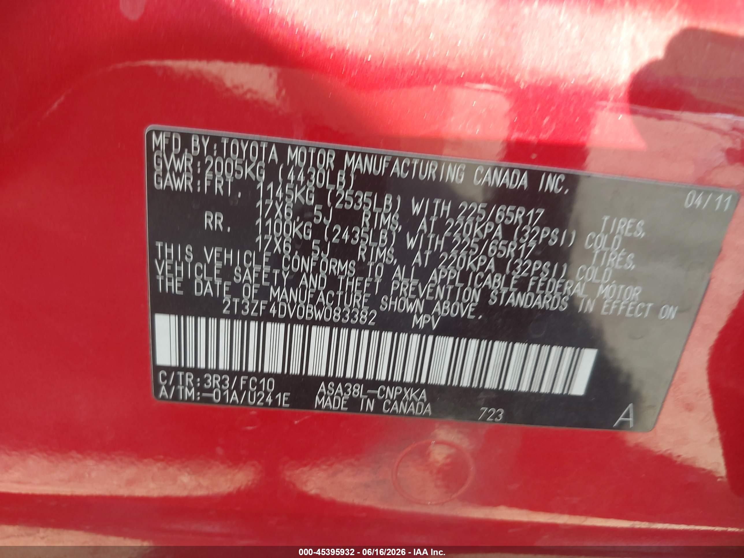 2011 Toyota Rav4   Red vin: 2T3ZF4DV0BW083382