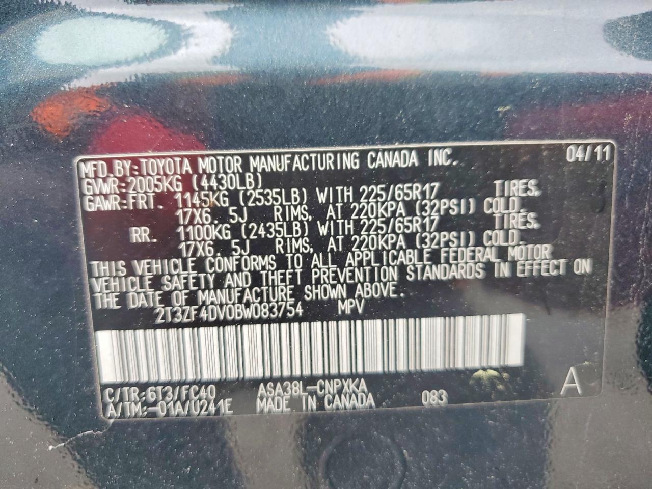 2011 Toyota Rav4 Base Blue vin: 2T3ZF4DV0BW083754