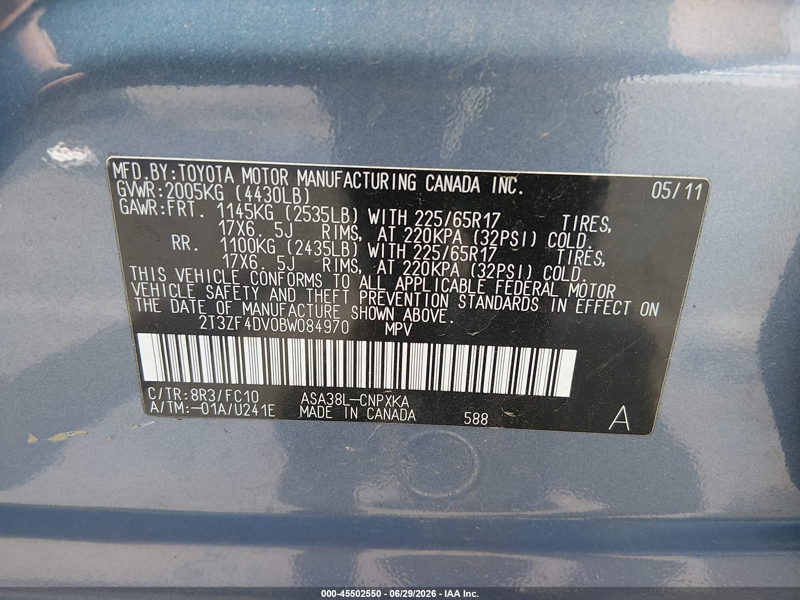 2011 Toyota Rav4   Blue vin: 2T3ZF4DV0BW084970