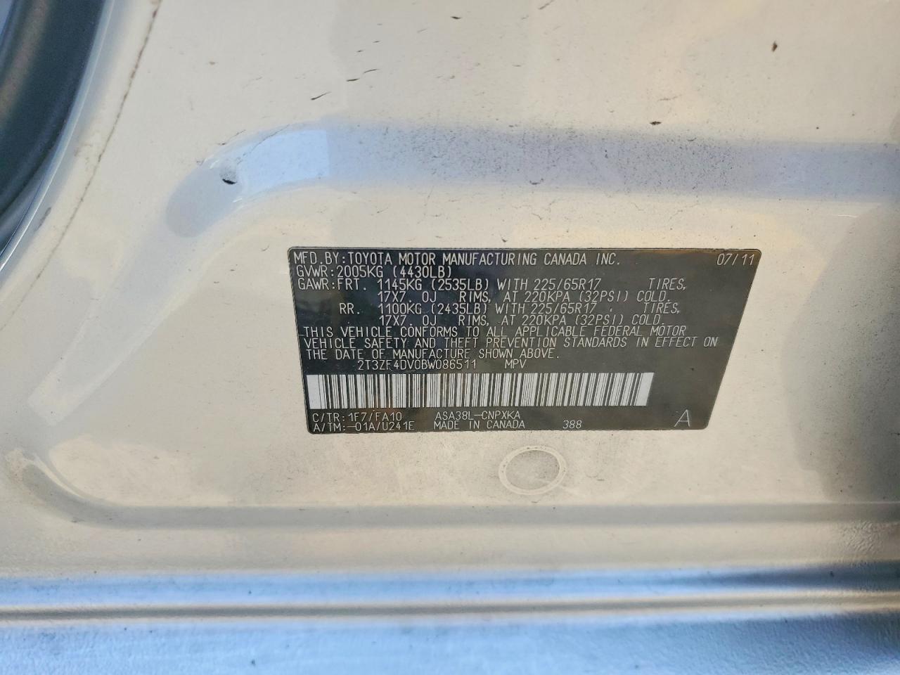 2011 Toyota Rav4 Base Silver vin: 2T3ZF4DV0BW086511
