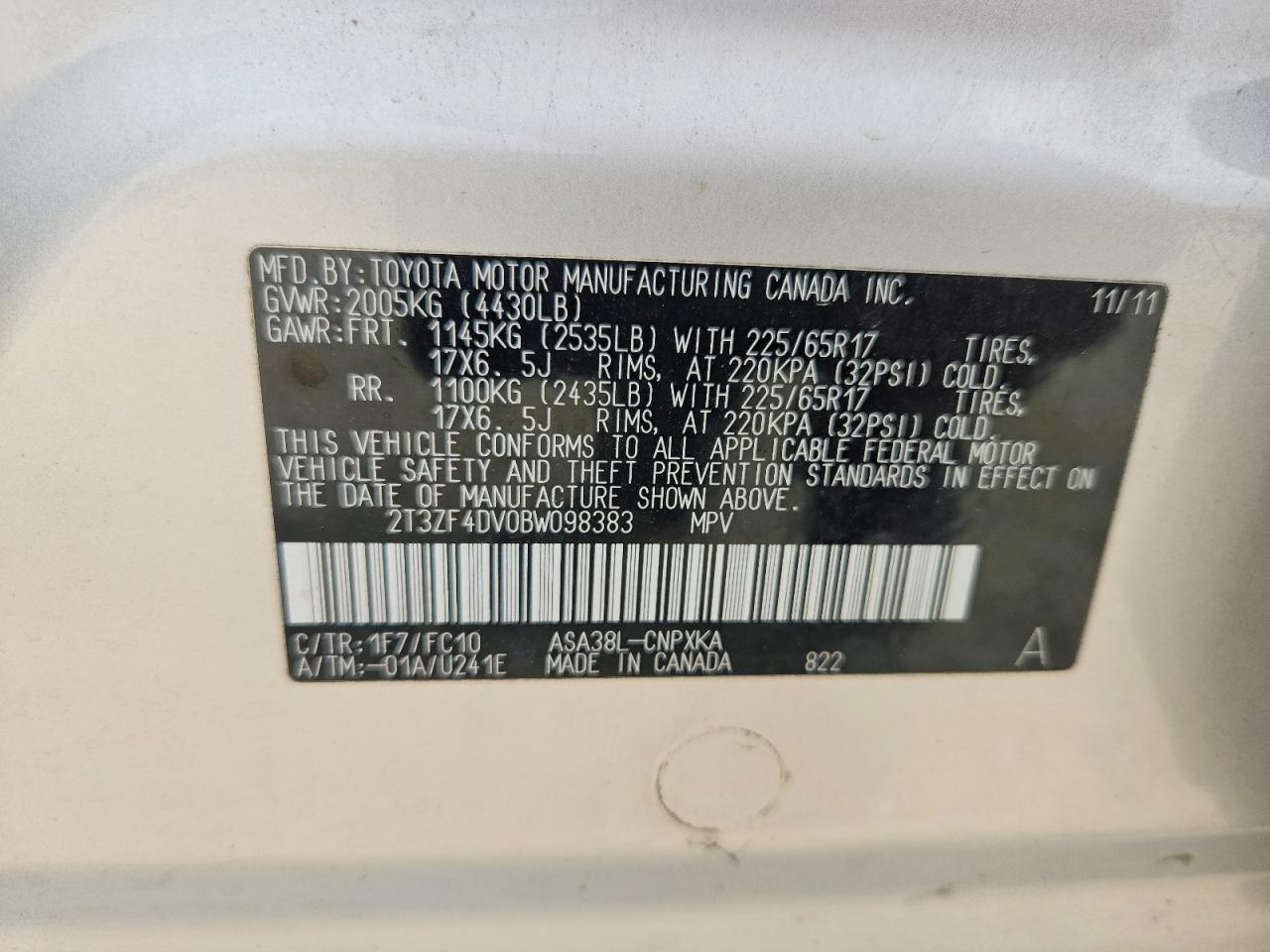 2011 Toyota Rav4 Base Silver vin: 2T3ZF4DV0BW098383