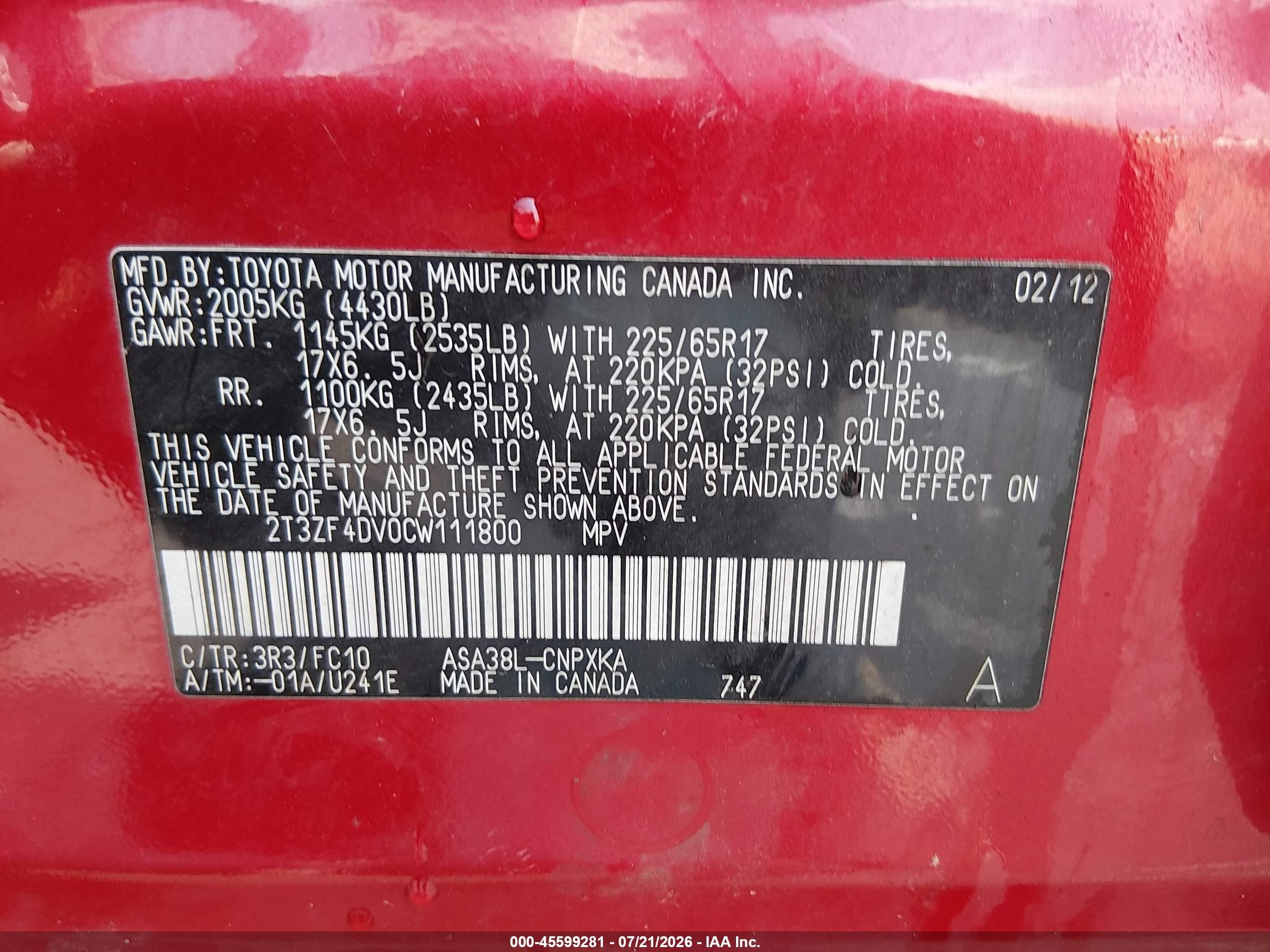 2012 Toyota Rav4   Red vin: 2T3ZF4DV0CW111800