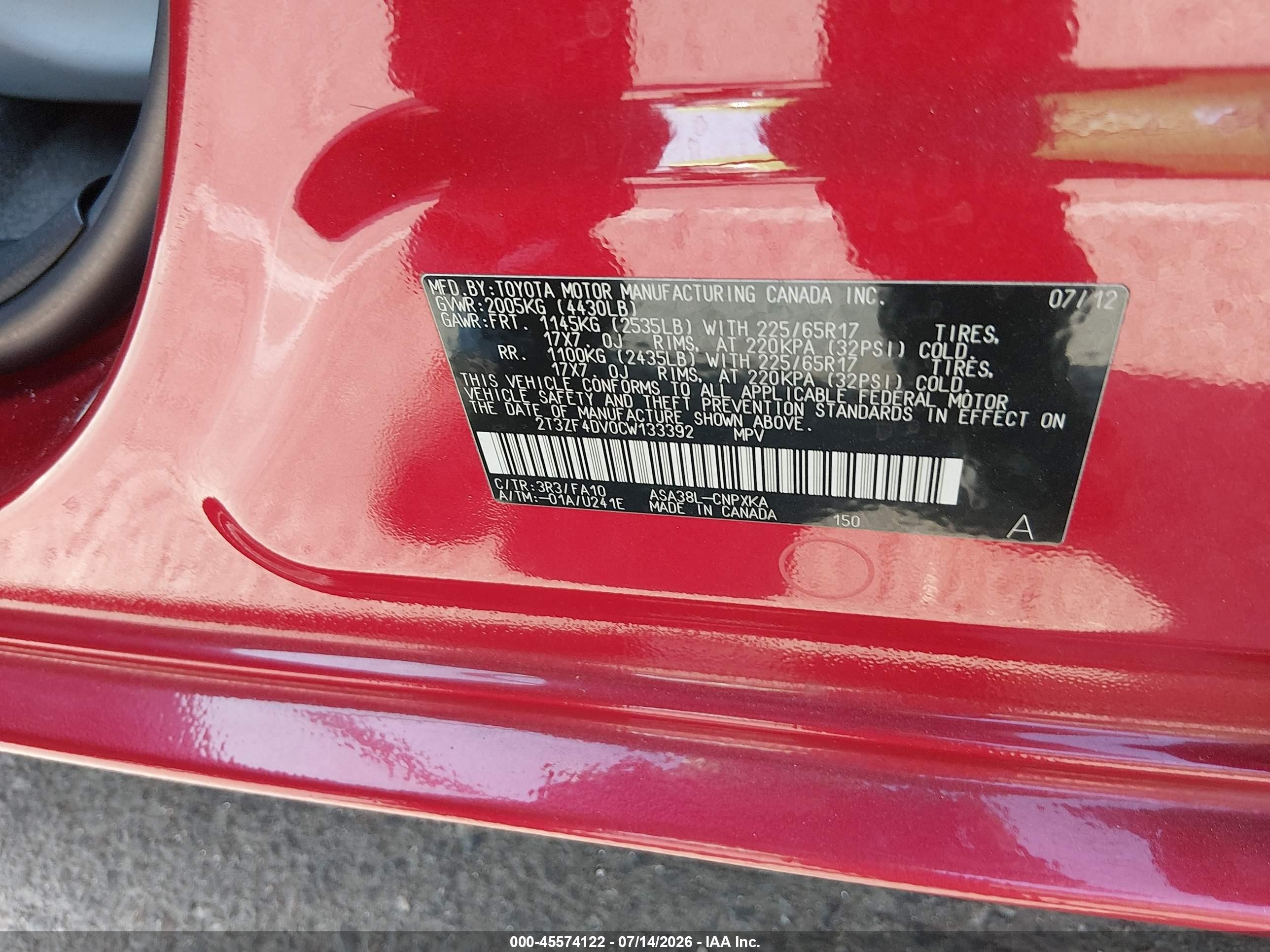 2012 Toyota Rav4   Red vin: 2T3ZF4DV0CW133392