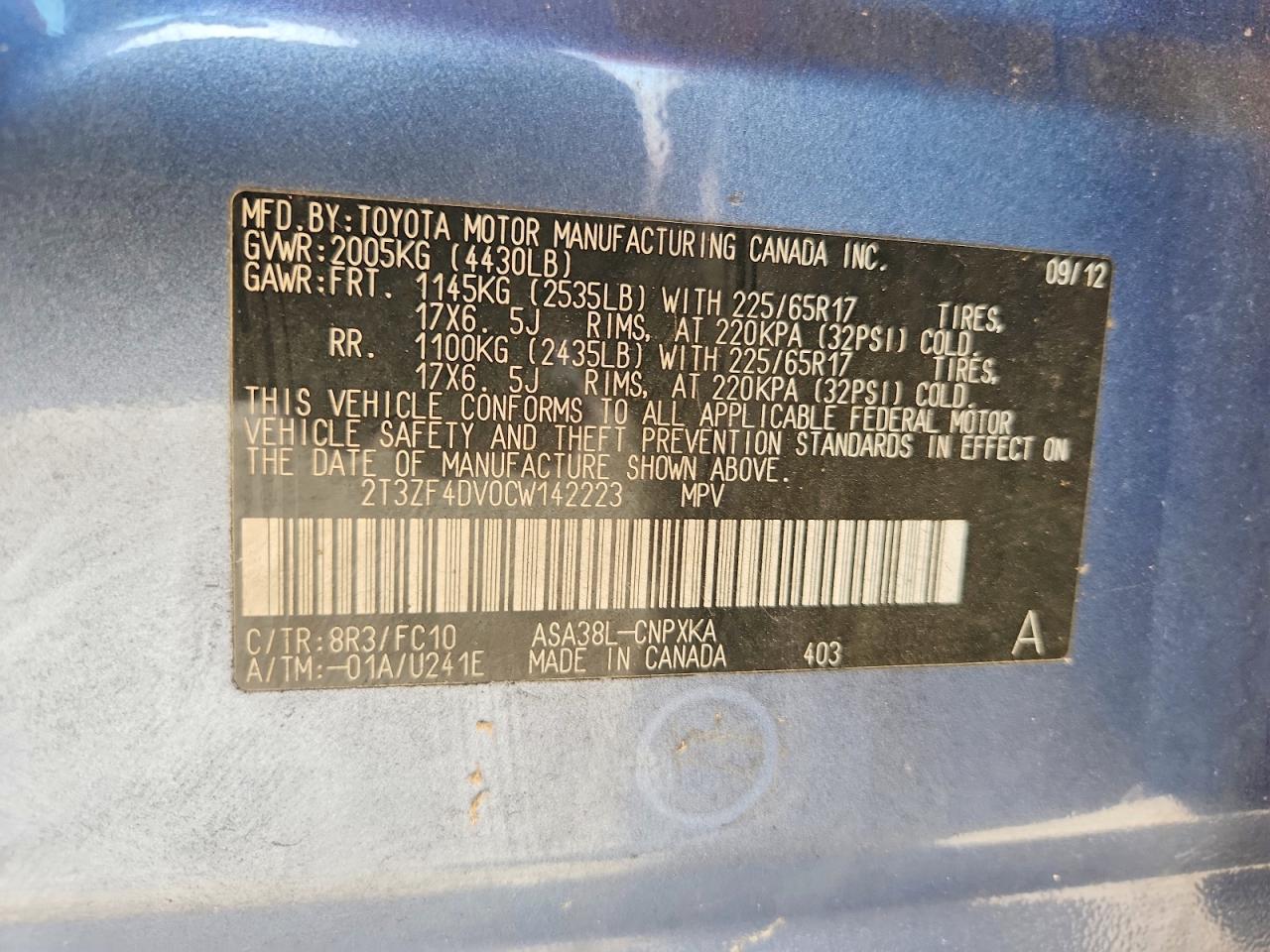 2012 Toyota Rav4 Base Blue vin: 2T3ZF4DV0CW142223