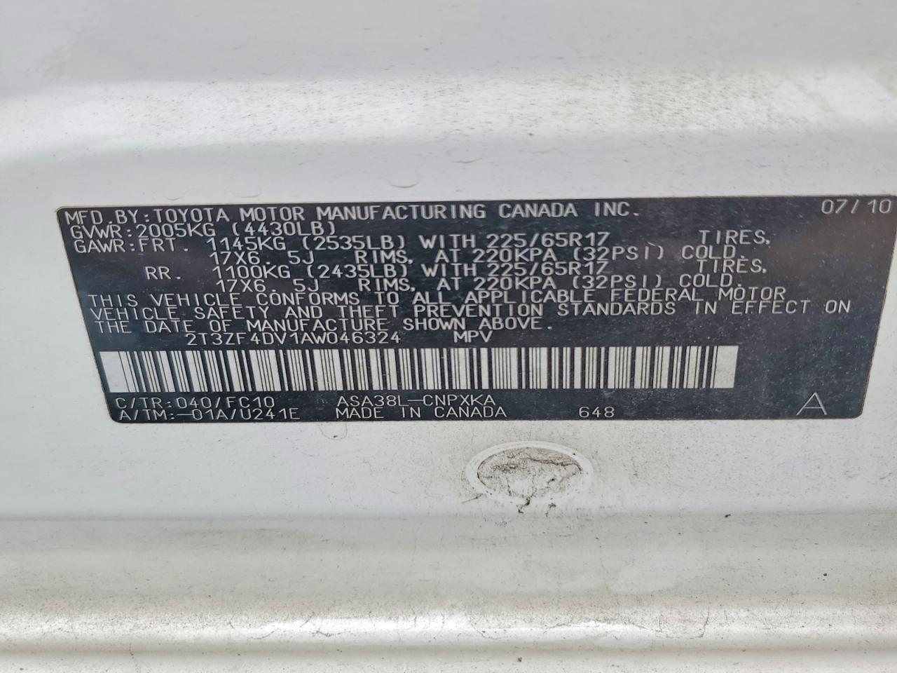 2010 Toyota Rav4 Base White vin: 2T3ZF4DV1AW046324