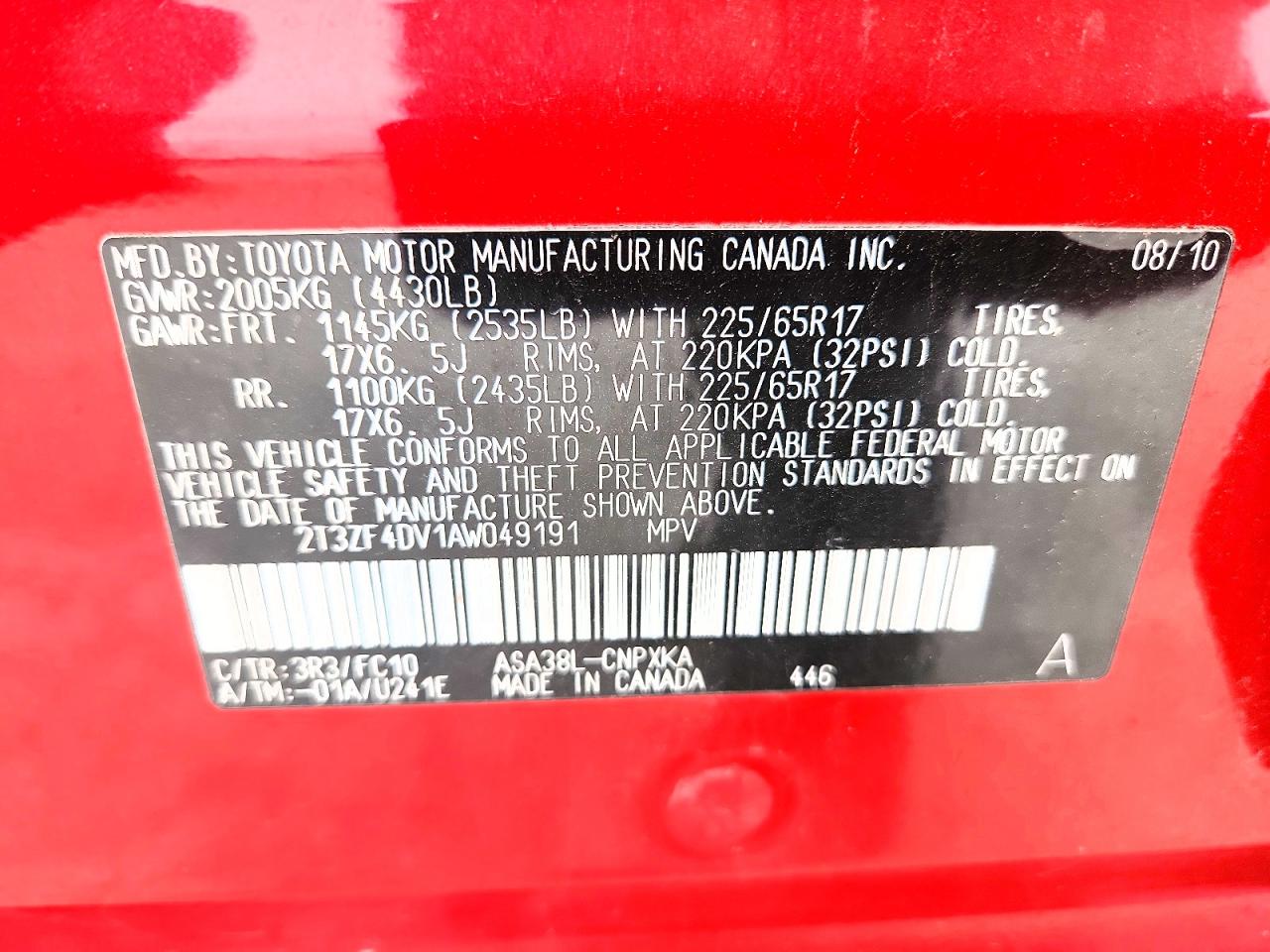 2010 Toyota Rav4 Base Red vin: 2T3ZF4DV1AW049191