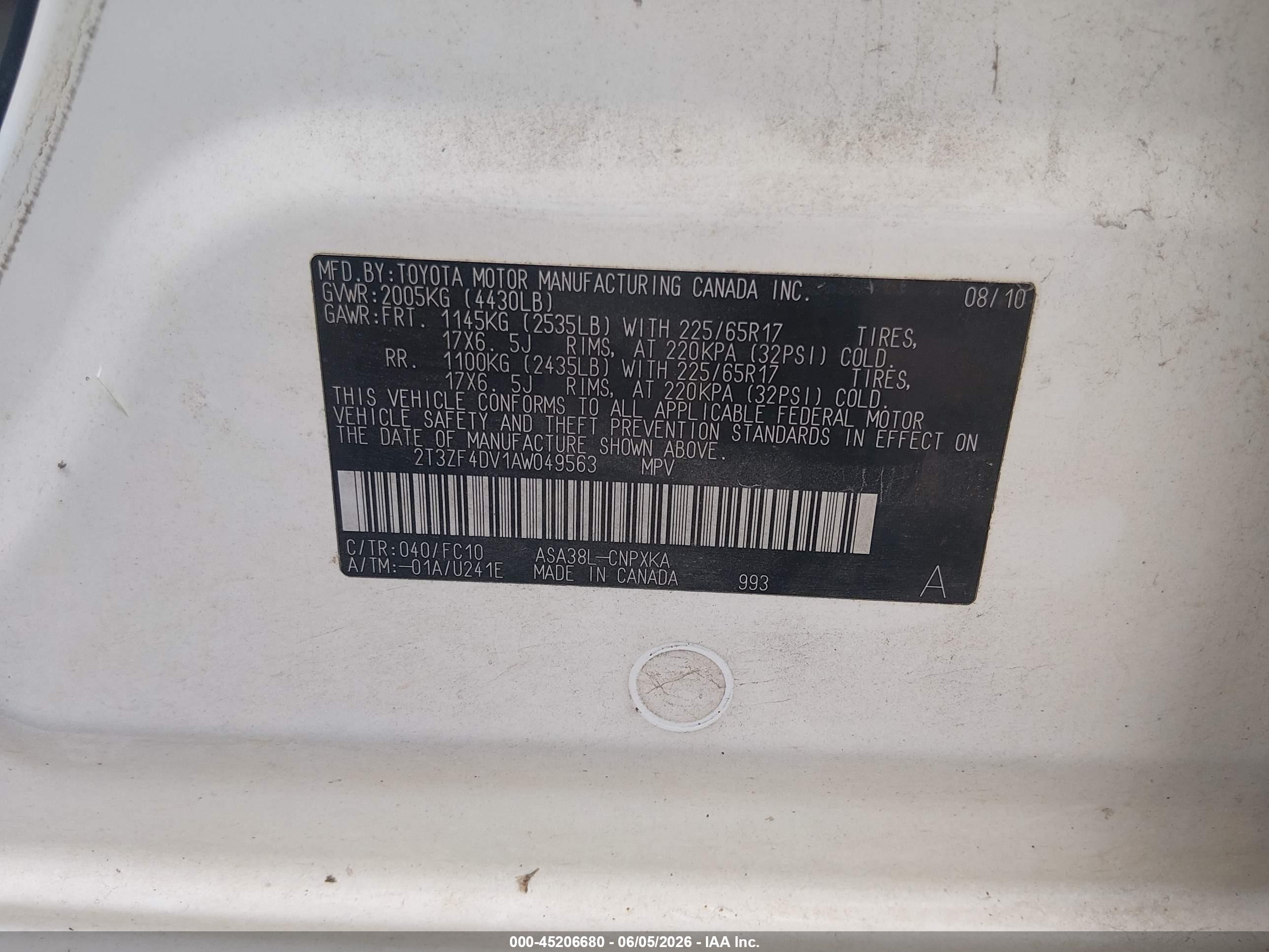 2010 Toyota Rav4   White vin: 2T3ZF4DV1AW049563