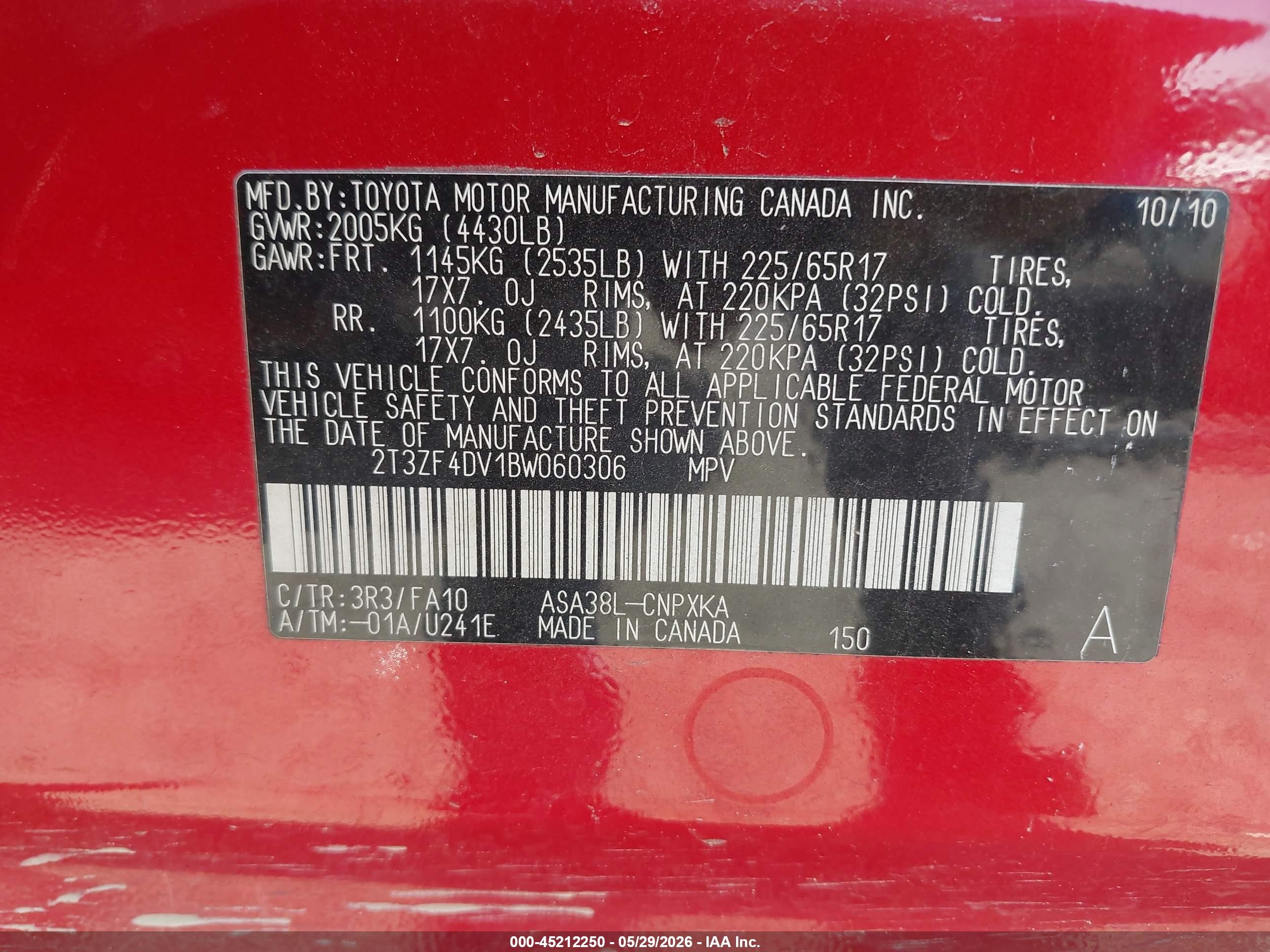 2011 Toyota Rav4   Red vin: 2T3ZF4DV1BW060306