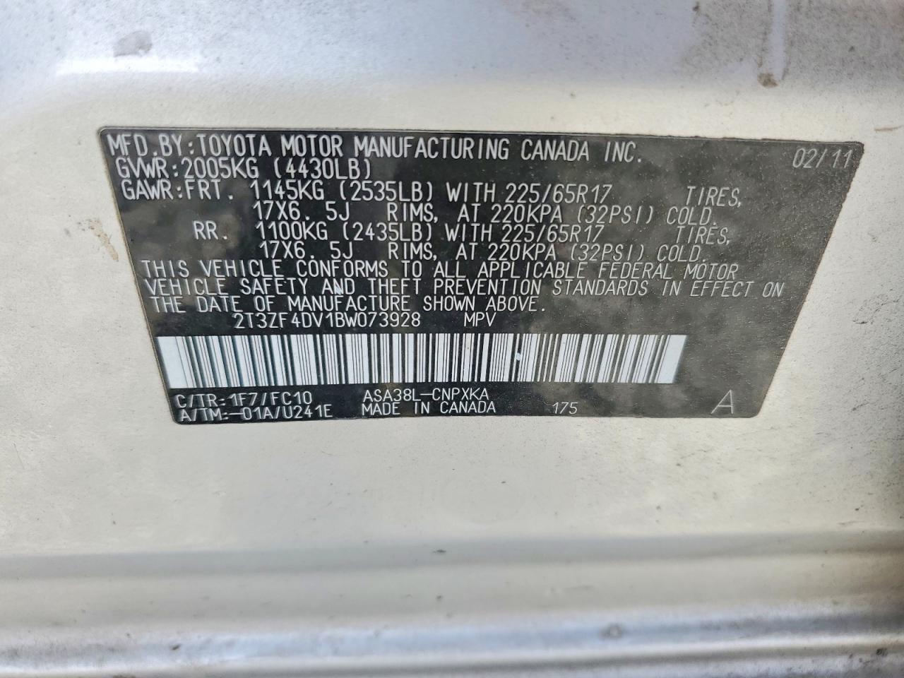 2011 Toyota Rav4 Base White vin: 2T3ZF4DV1BW073928
