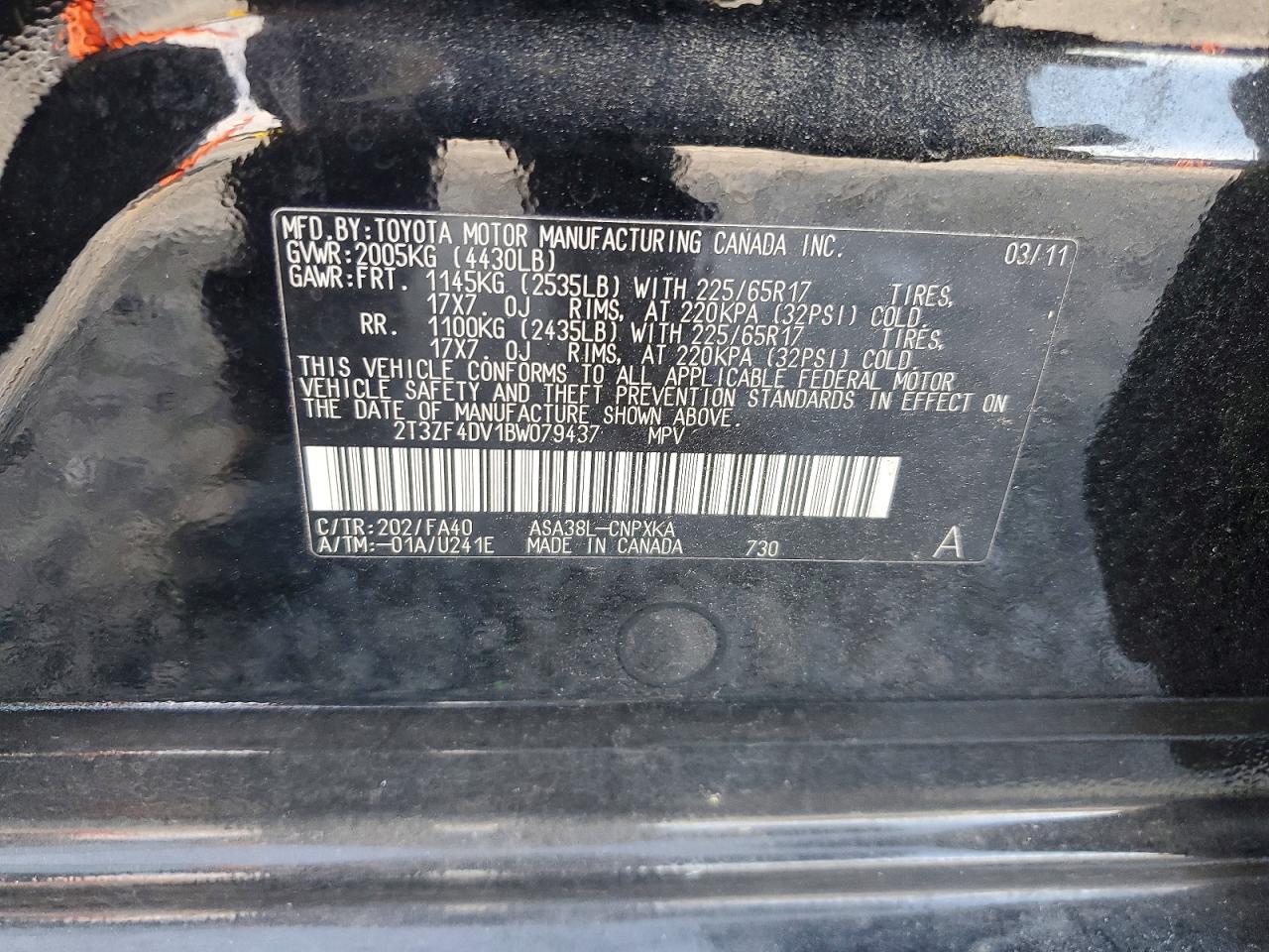 2011 Toyota Rav4 Base Black vin: 2T3ZF4DV1BW079437