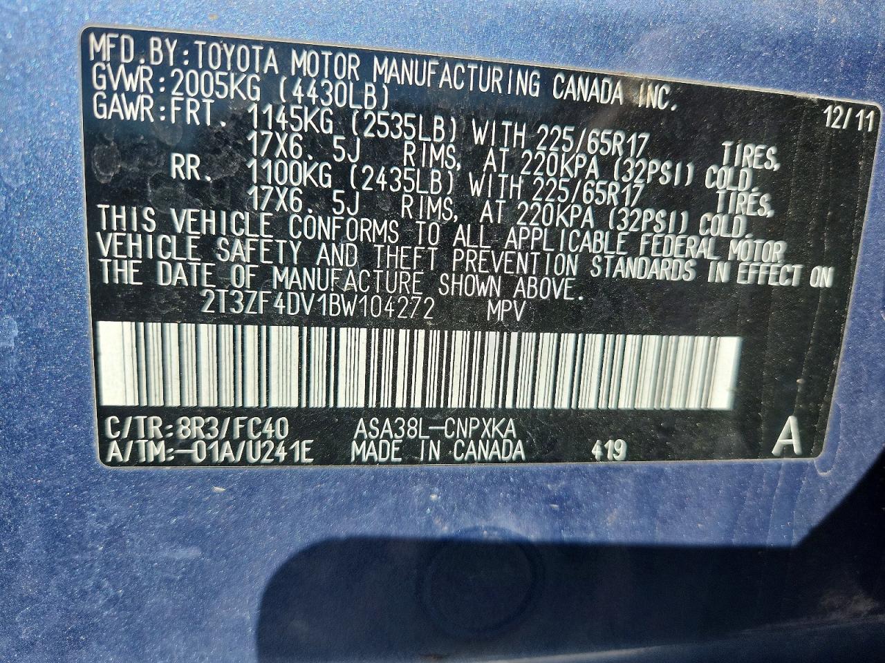 2011 Toyota Rav4 Base Blue vin: 2T3ZF4DV1BW104272