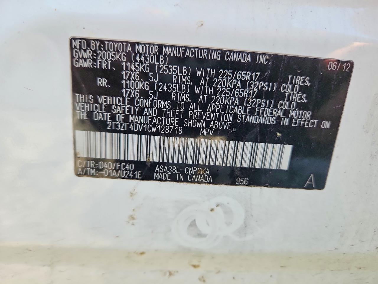 2012 Toyota Rav4 Base White vin: 2T3ZF4DV1CW128718