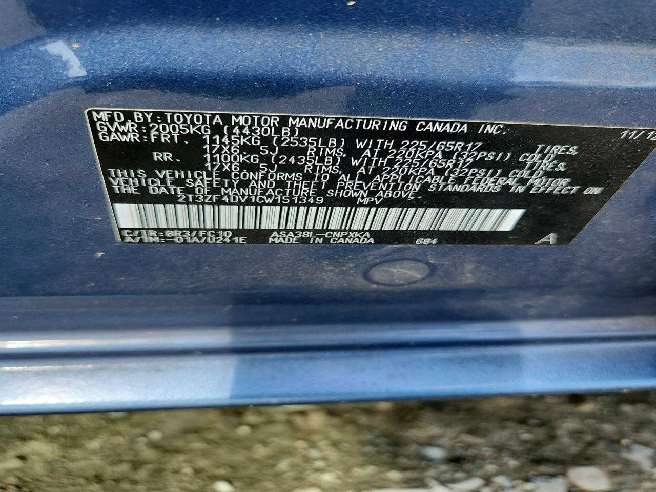 2012 Toyota Rav4 Base Blue vin: 2T3ZF4DV1CW151349