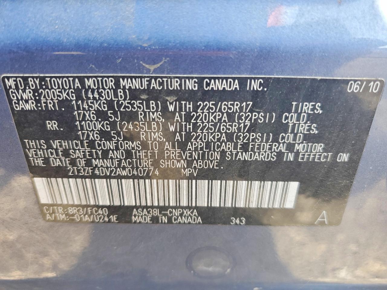 2010 Toyota Rav4 Base Blue vin: 2T3ZF4DV2AW040774