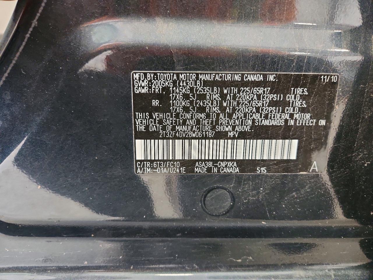 2011 Toyota Rav4 Base Blue vin: 2T3ZF4DV2BW061187