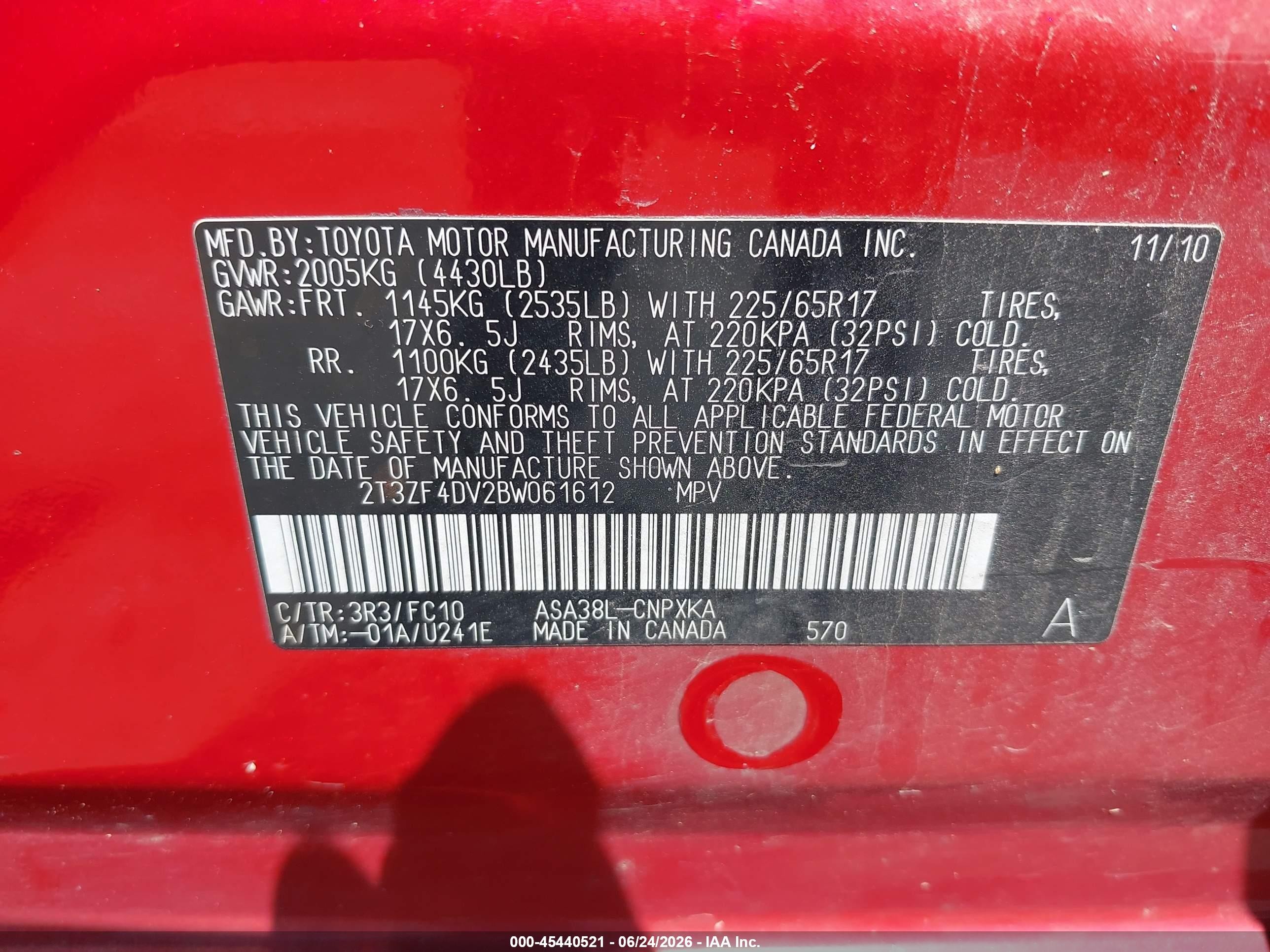 2011 Toyota Rav4   Red vin: 2T3ZF4DV2BW061612