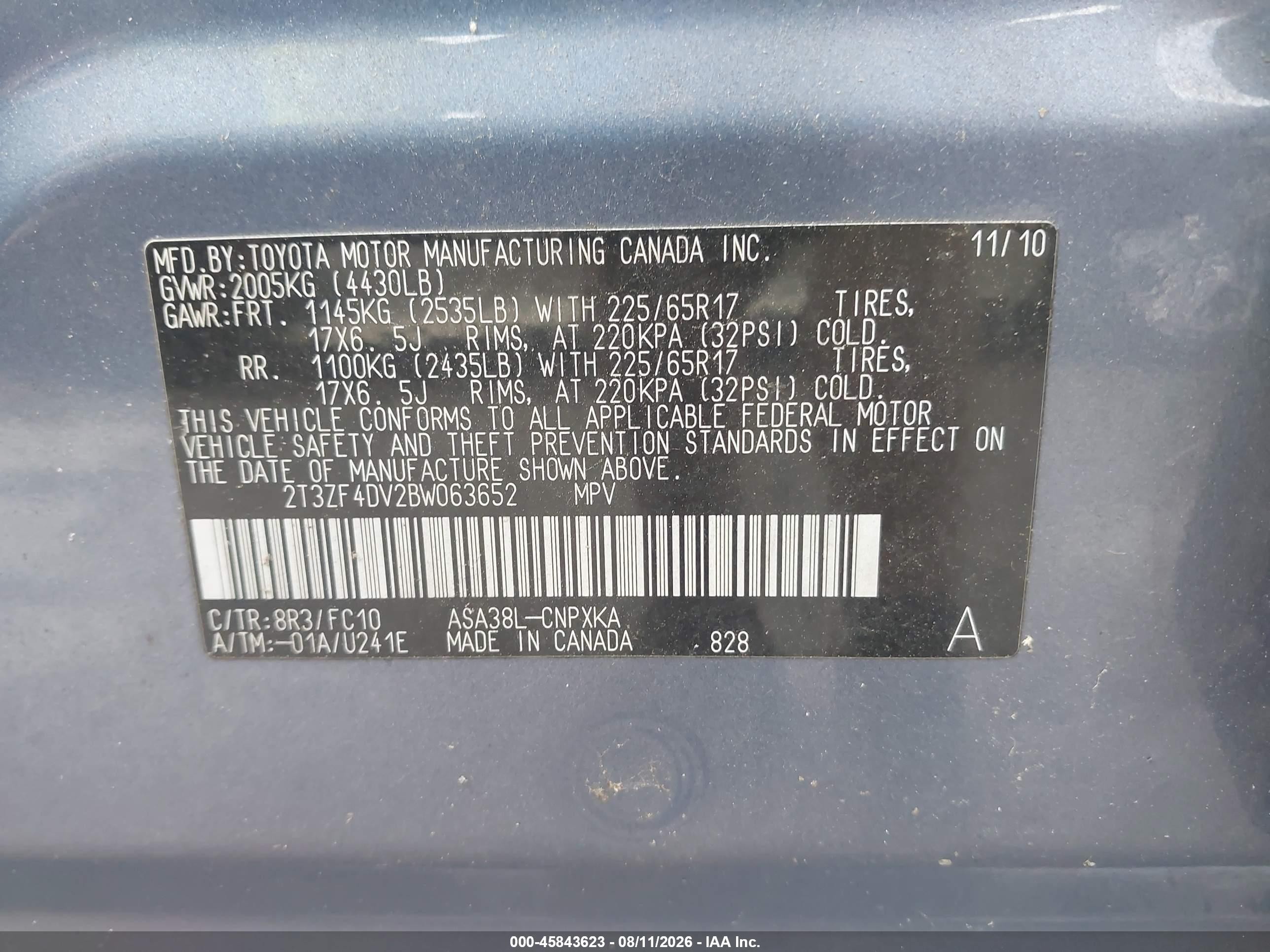 2011 Toyota Rav4   Light Blue vin: 2T3ZF4DV2BW063652