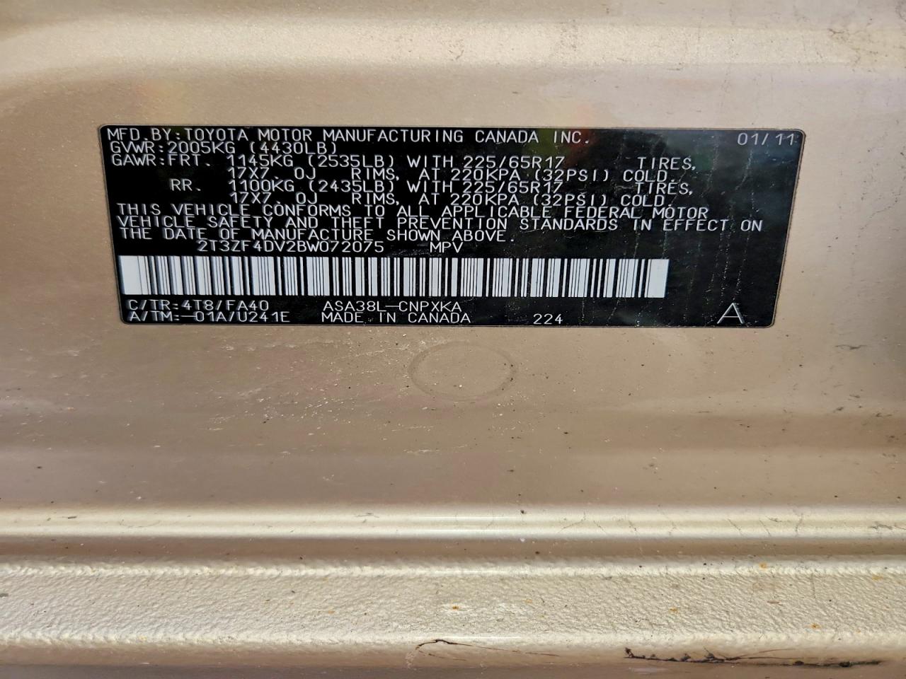 2011 Toyota Rav4 Base Tan vin: 2T3ZF4DV2BW072075