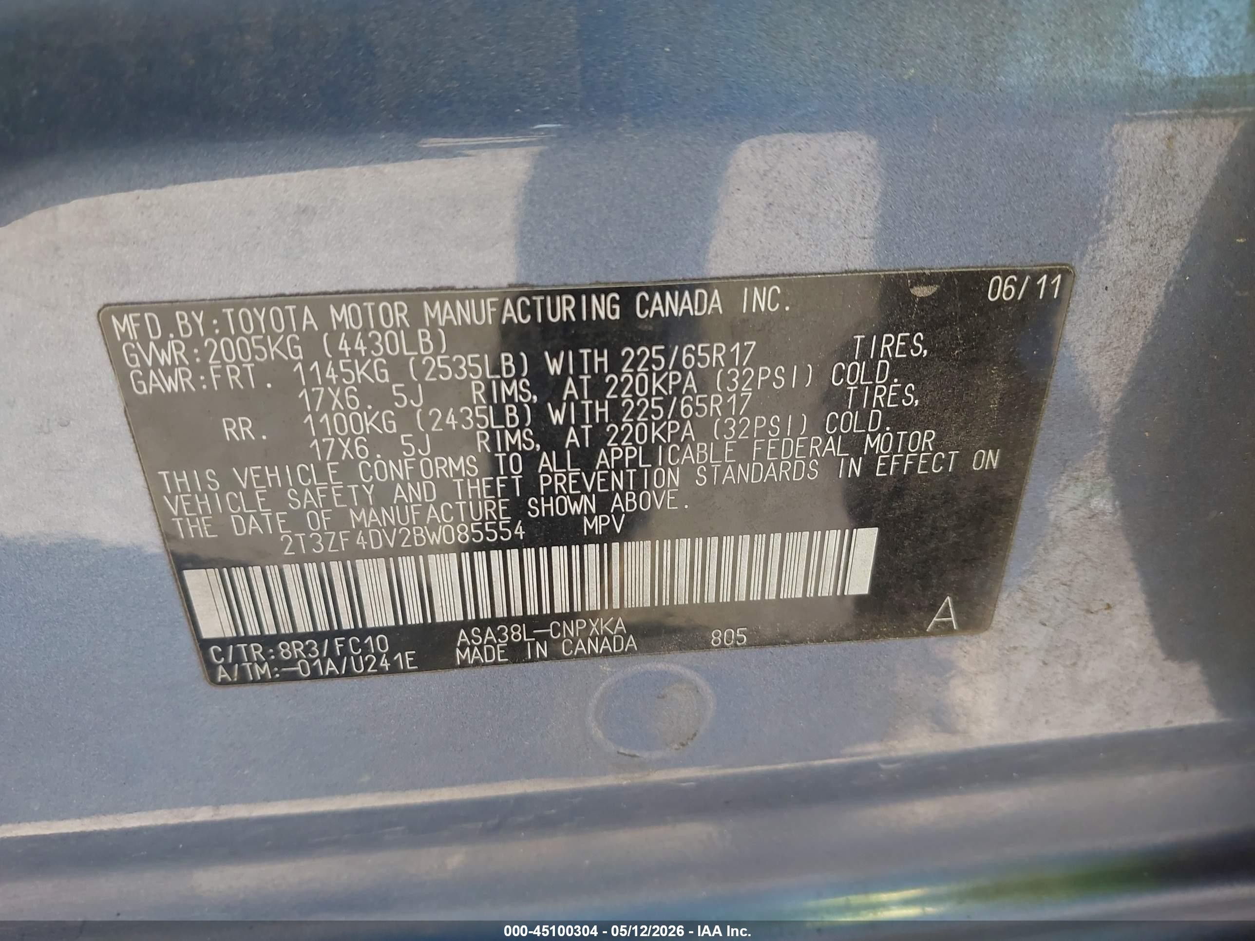 2011 Toyota Rav4   Light Blue vin: 2T3ZF4DV2BW085554