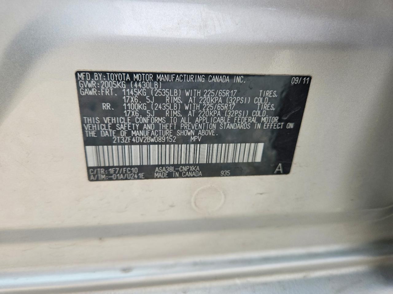 2011 Toyota Rav4 Base Серебряный vin: 2T3ZF4DV2BW089152