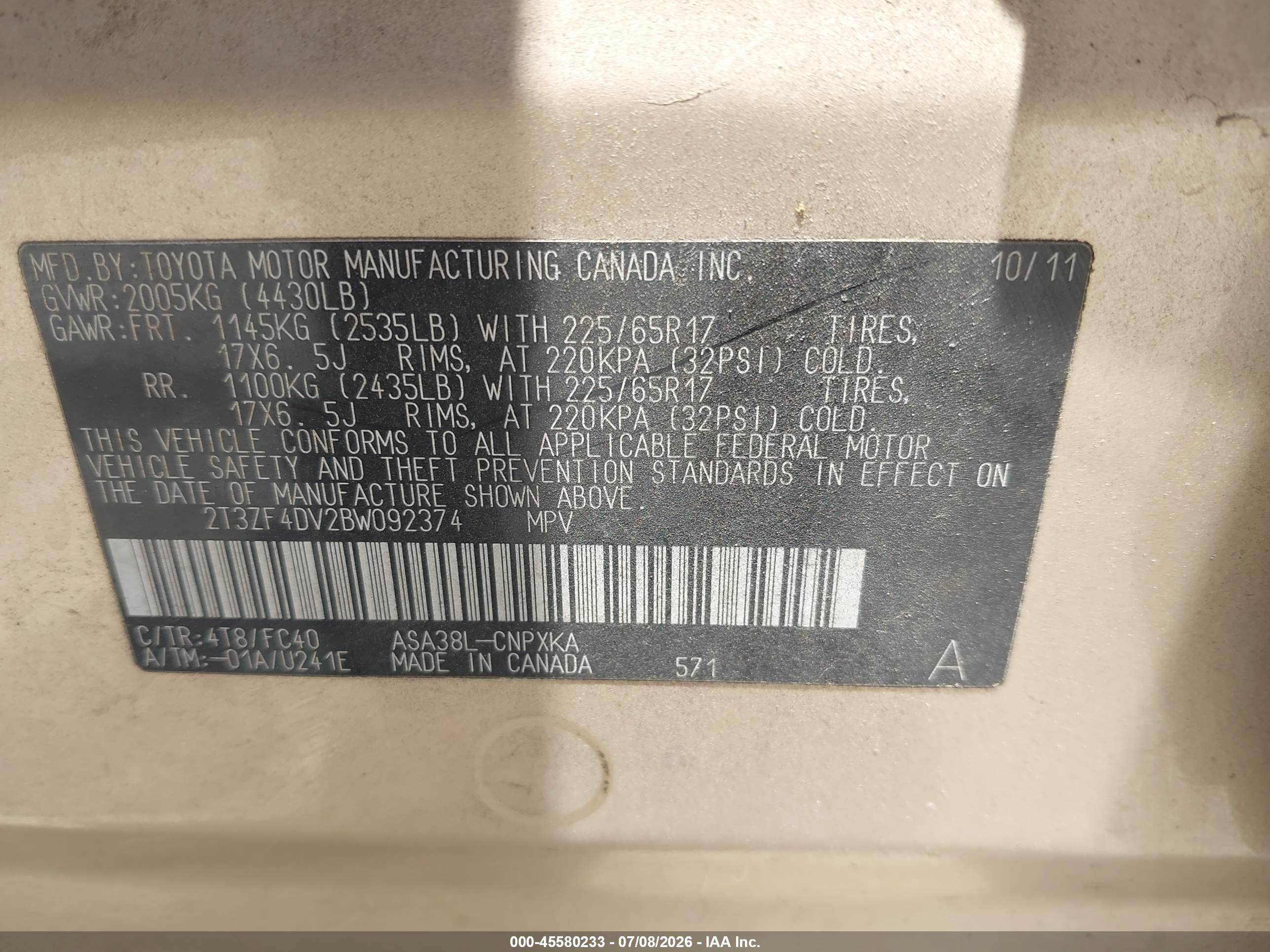 2011 Toyota Rav4   Gold vin: 2T3ZF4DV2BW092374