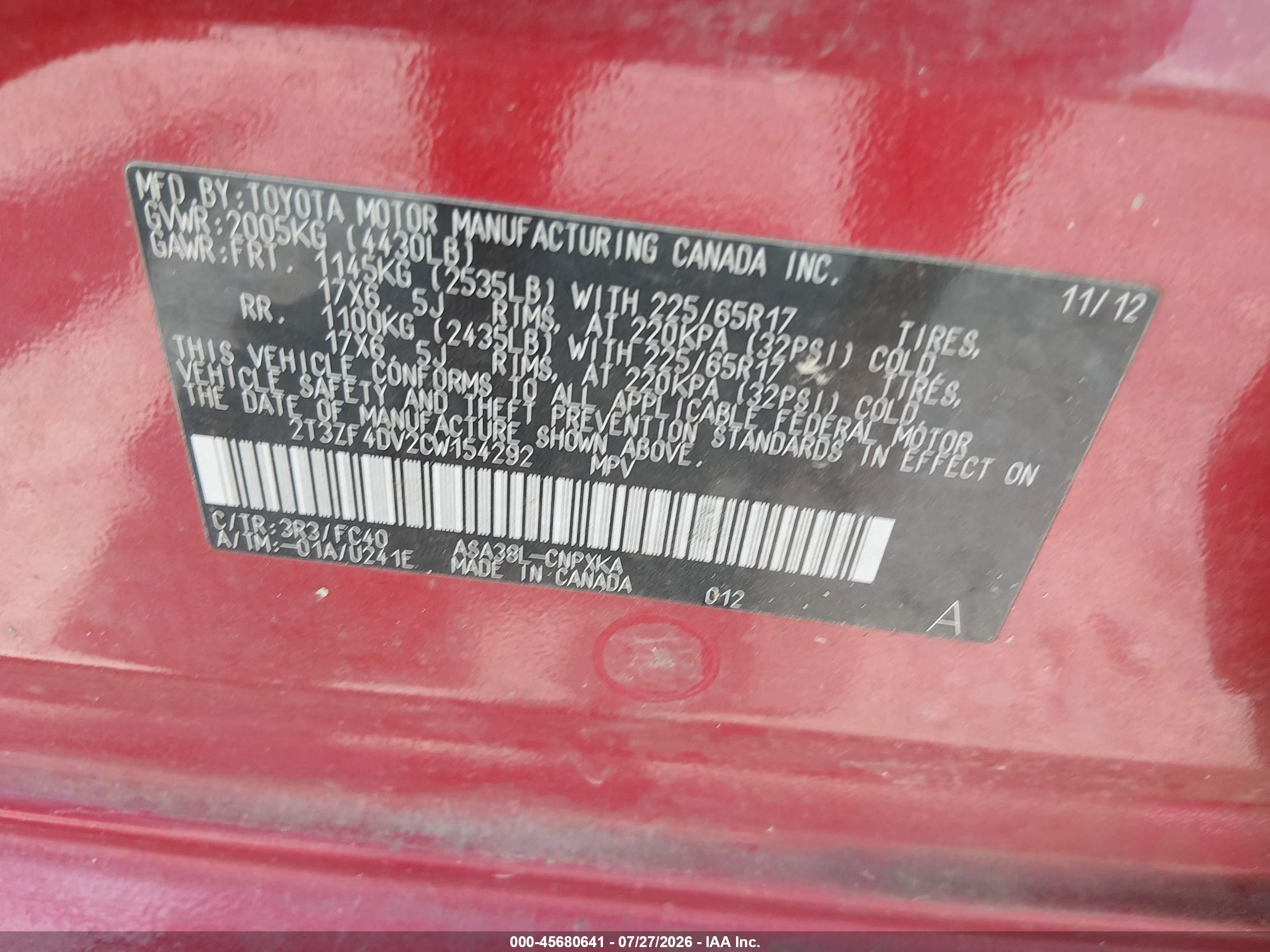 2012 Toyota Rav4   Red vin: 2T3ZF4DV2CW154292