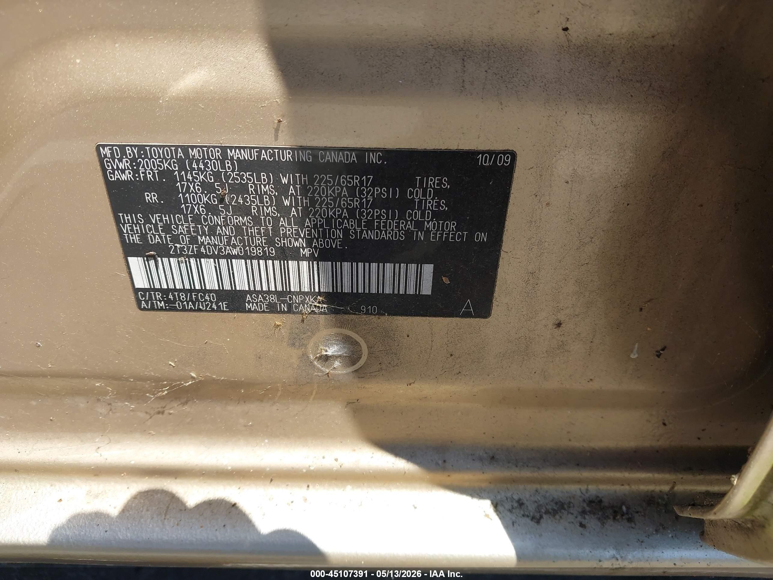2010 Toyota Rav4 Gold vin: 2T3ZF4DV3AW019819