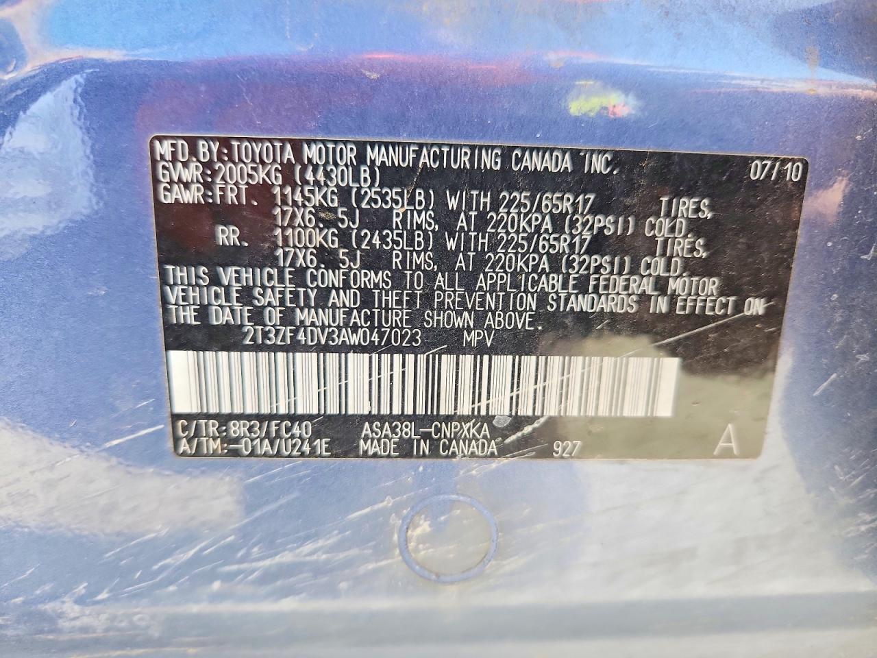 2010 Toyota Rav4 Base Blue vin: 2T3ZF4DV3AW047023